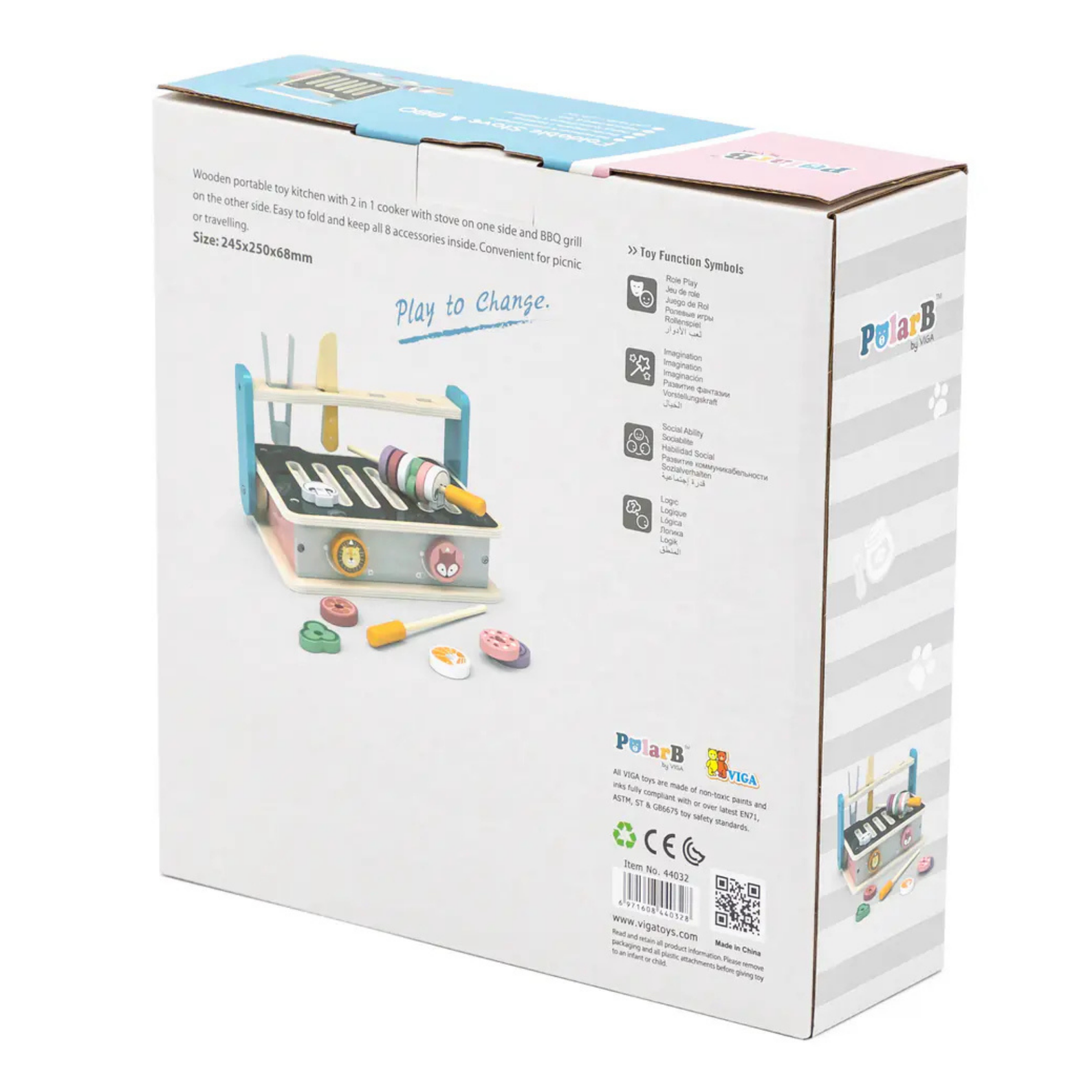 PolarB Foldable Wooden Stove and BBQ Toy for Kids Aged 2 and Up  2-in-1 Kitchen and Barbecue Playset with Utensils and Food Pieces