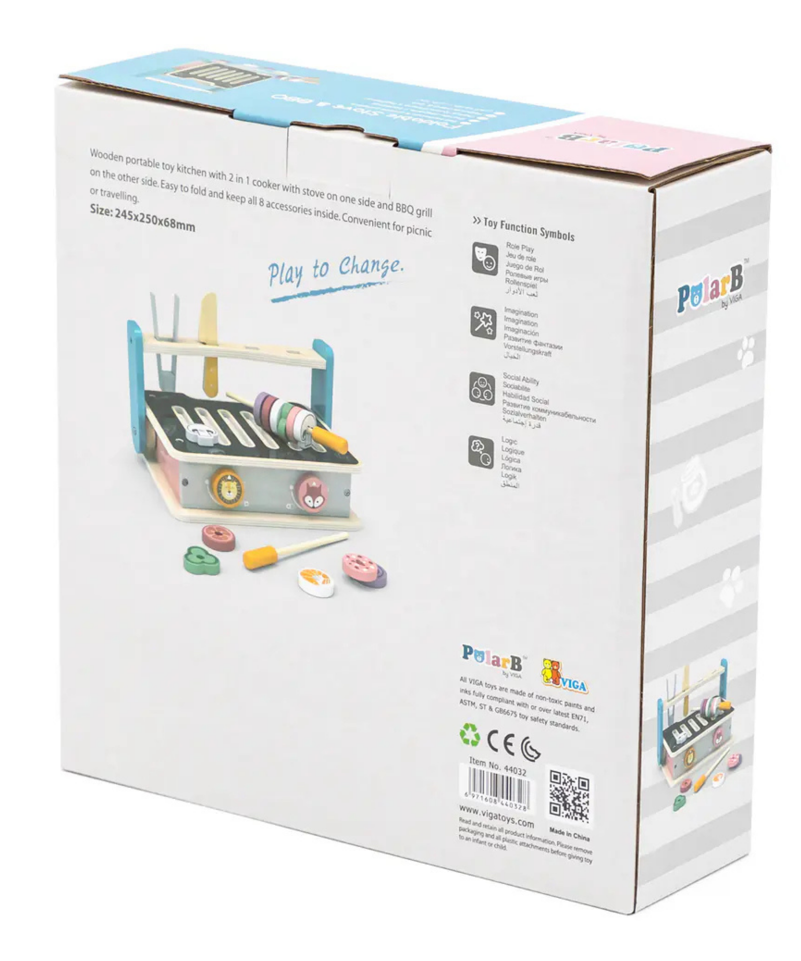 PolarB Foldable Wooden Stove and BBQ Toy for Kids Aged 2 and Up  2-in-1 Kitchen and Barbecue Playset with Utensils and Food Pieces