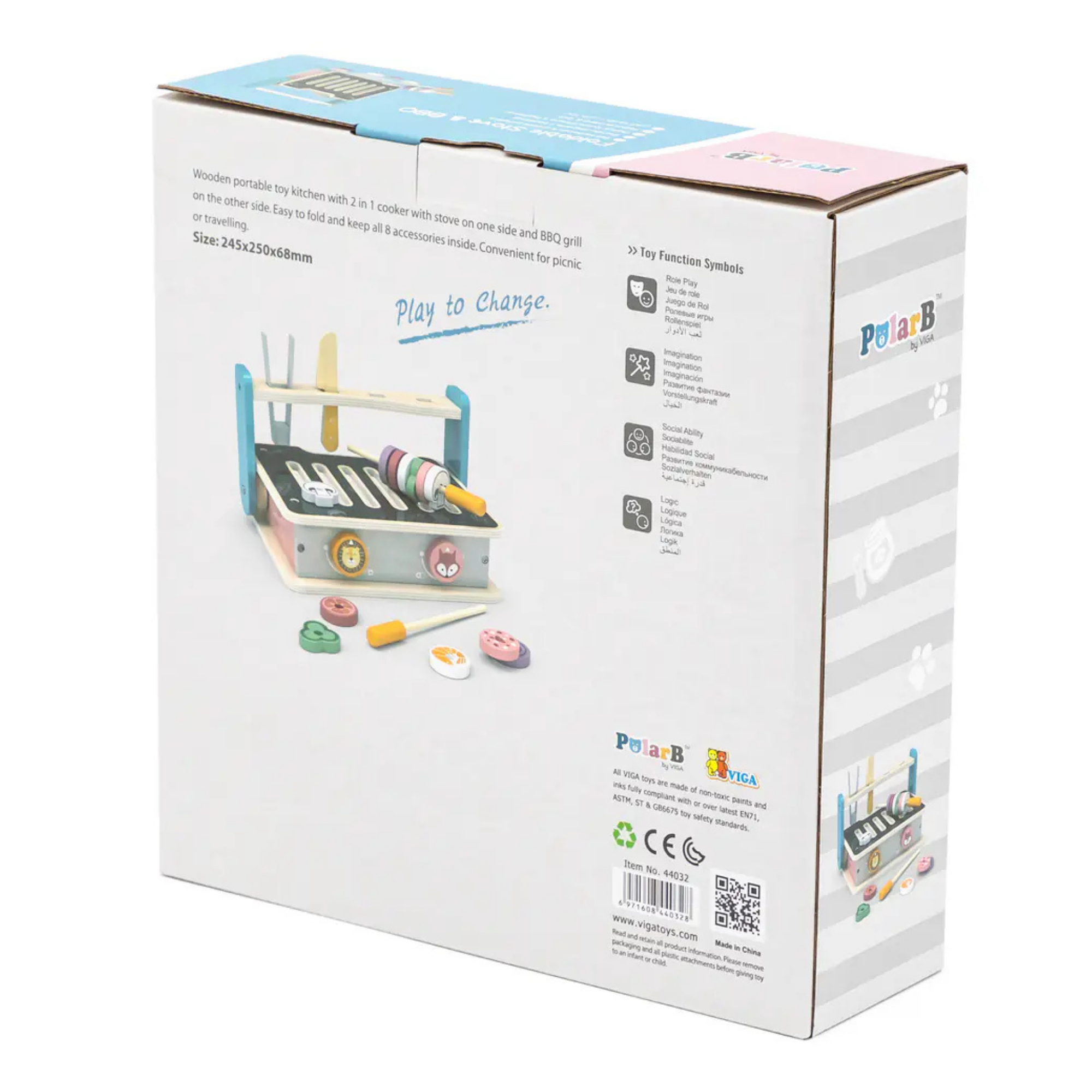 PolarB Foldable Wooden Stove and BBQ Toy for Kids Aged 2 and Up  2-in-1 Kitchen and Barbecue Playset with Utensils and Food Pieces