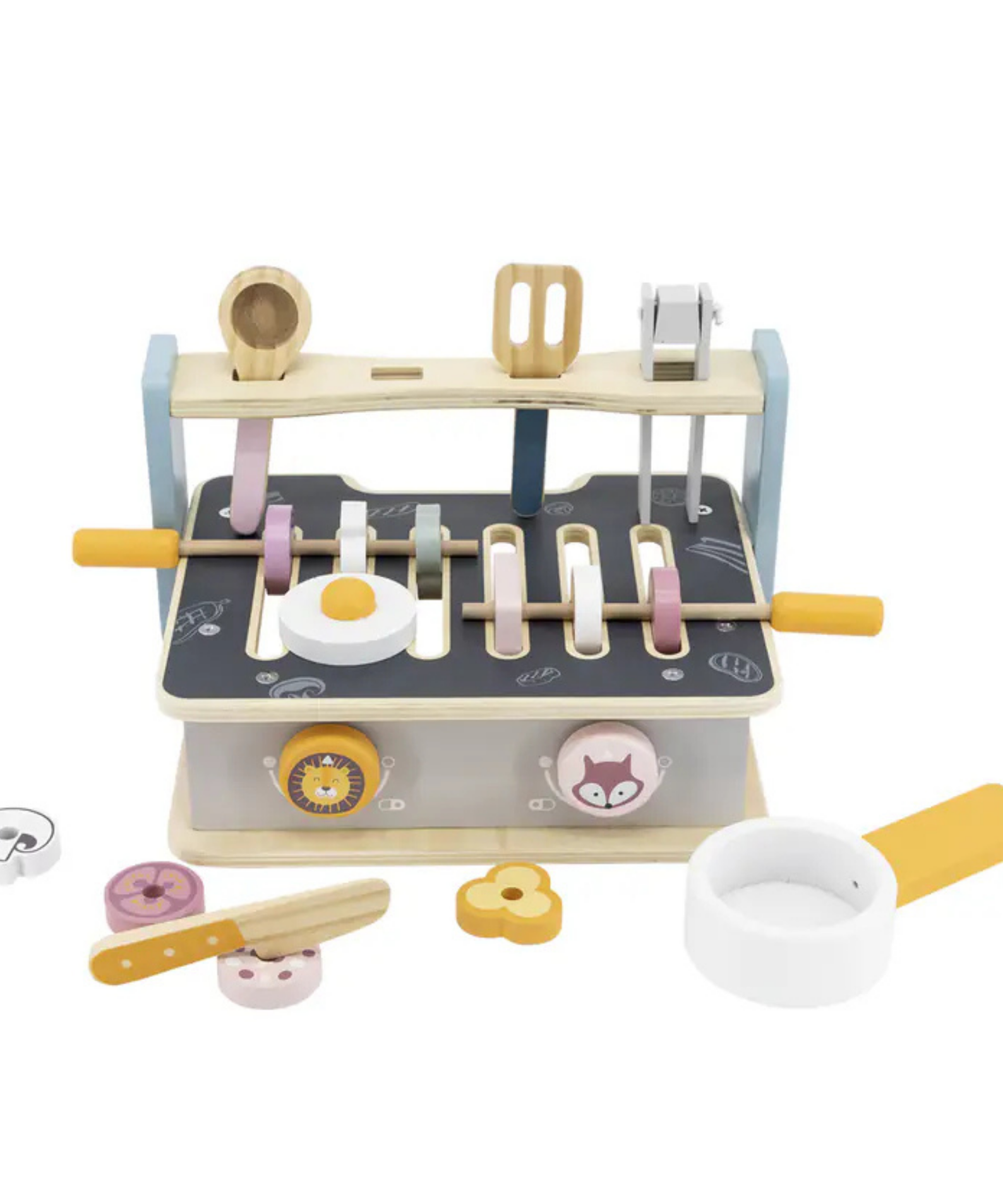 PolarB Foldable Wooden Stove and BBQ Toy for Kids Aged 2 and Up  2-in-1 Kitchen and Barbecue Playset with Utensils and Food Pieces