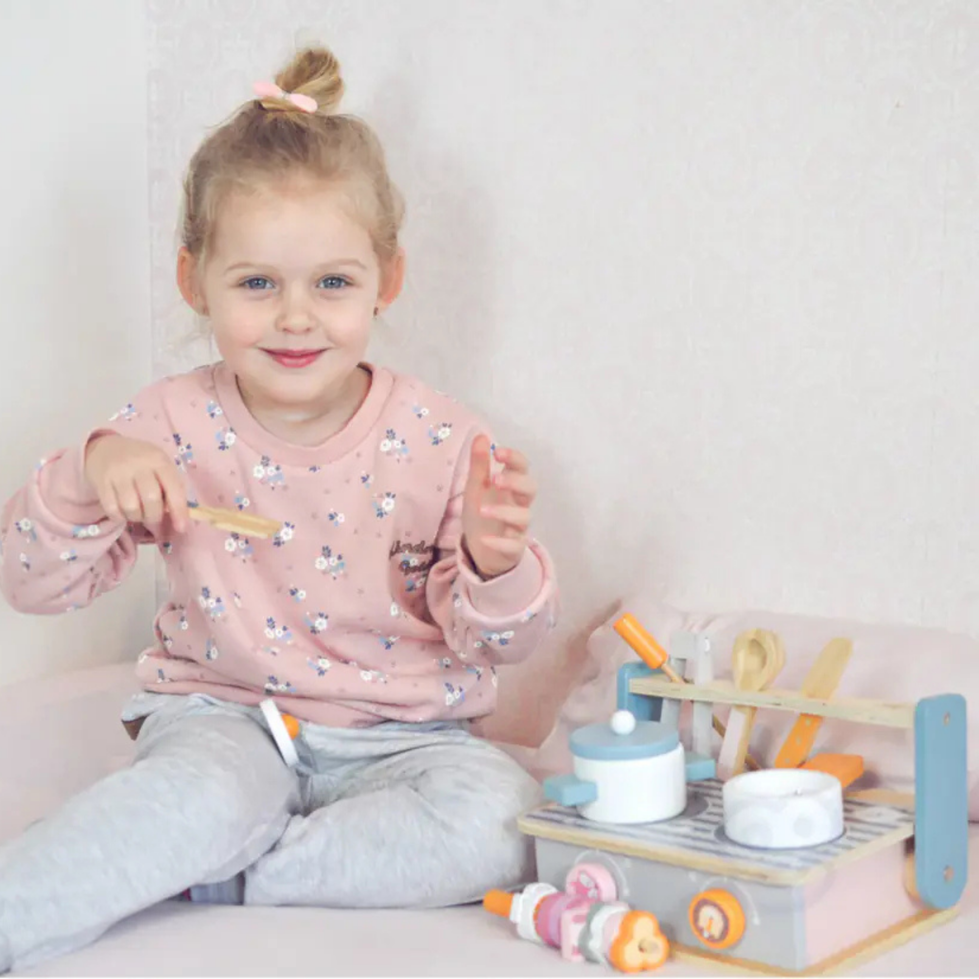 PolarB Foldable Wooden Stove and BBQ Toy for Kids Aged 2 and Up  2-in-1 Kitchen and Barbecue Playset with Utensils and Food Pieces