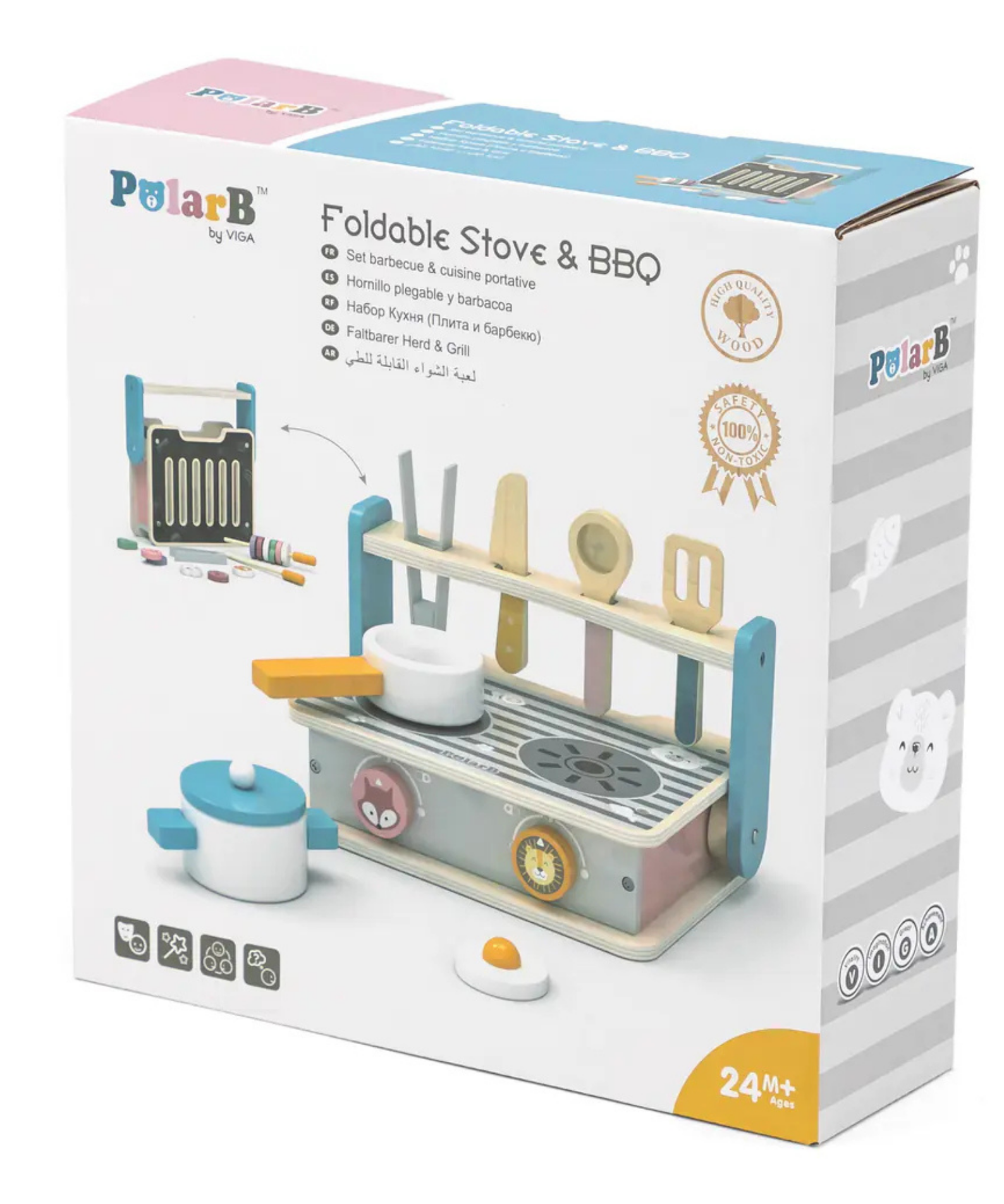 PolarB Foldable Wooden Stove and BBQ Toy for Kids Aged 2 and Up  2-in-1 Kitchen and Barbecue Playset with Utensils and Food Pieces