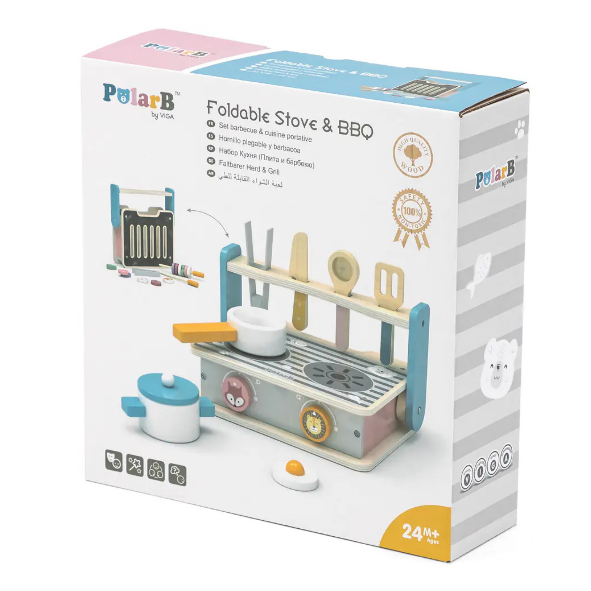 PolarB Foldable Wooden Stove and BBQ Toy for Kids Aged 2 and Up  2-in-1 Kitchen and Barbecue Playset with Utensils and Food Pieces