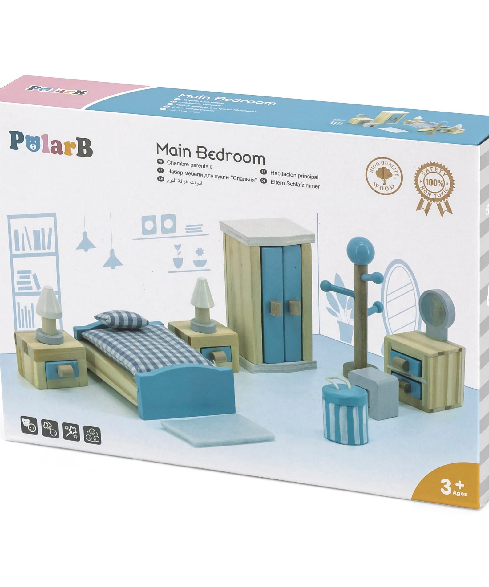 PolarB Wooden Main Bedroom Dollhouse Furniture Set for Children Ages 3 and Up  20-Piece Roleplay Toy to Develop Imagination and Social Skills