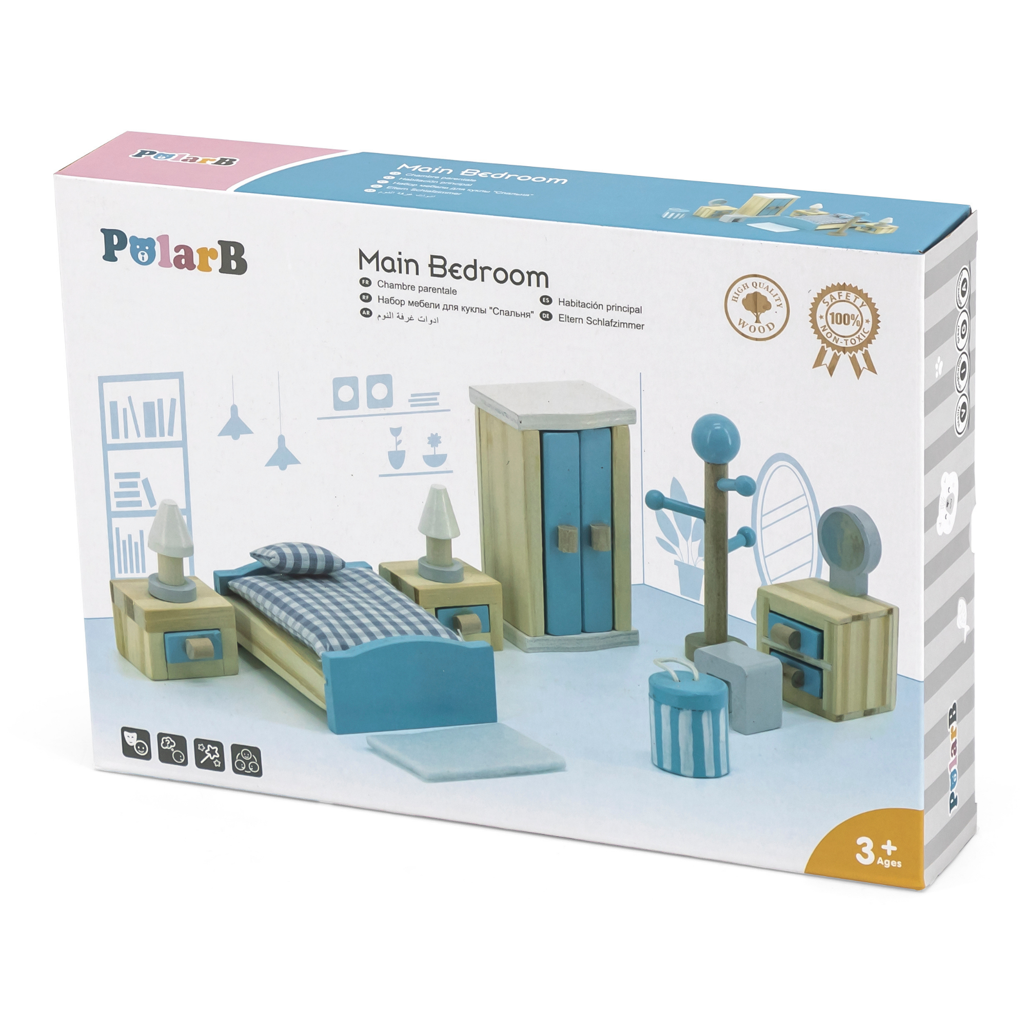 PolarB Wooden Main Bedroom Dollhouse Furniture Set for Children Ages 3 and Up  20-Piece Roleplay Toy to Develop Imagination and Social Skills