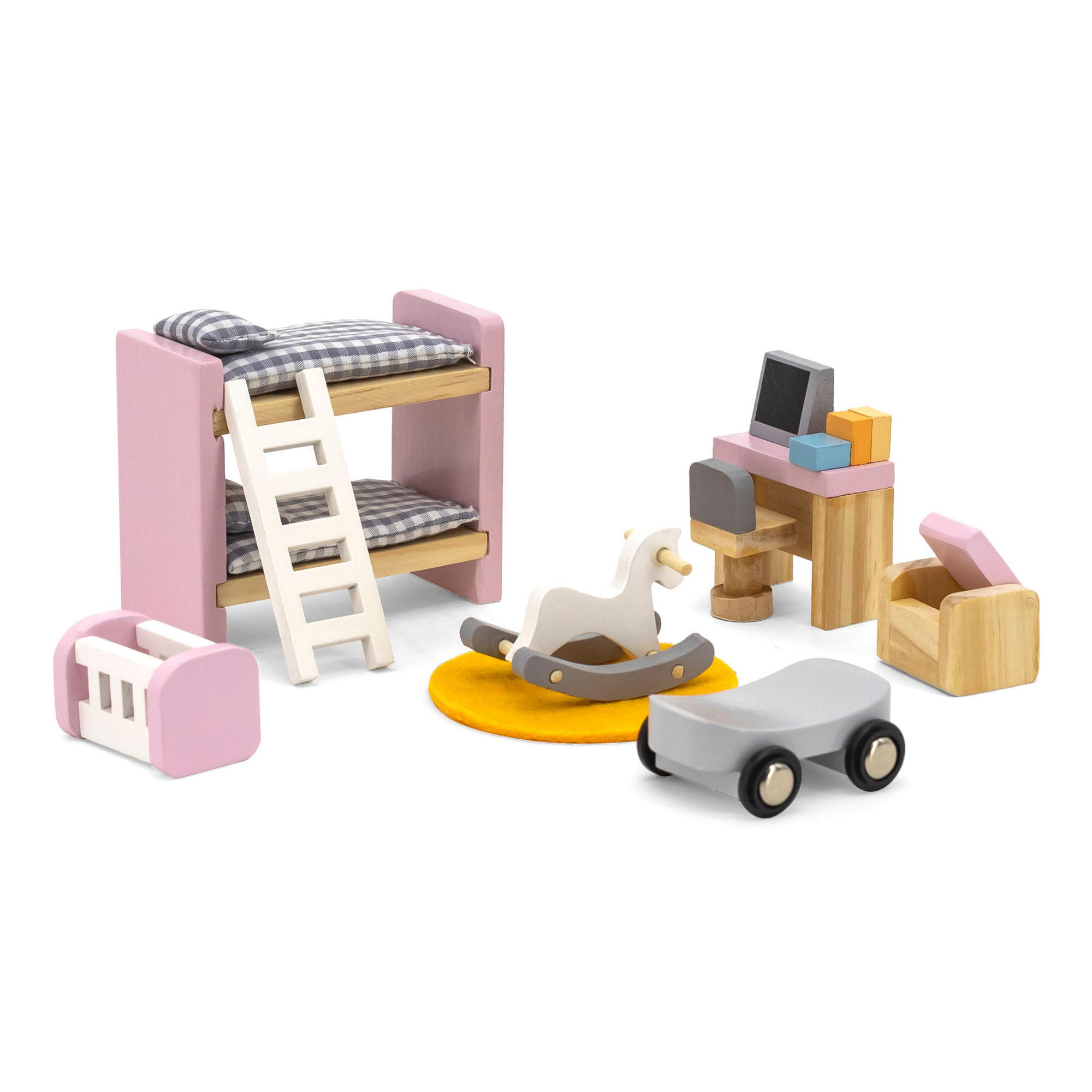 PolarB Wooden Kids' Bedroom Dollhouse Furniture Set for Ages 3 and Up  17-Piece Roleplay Toy to Boost Imagination and Social Skills