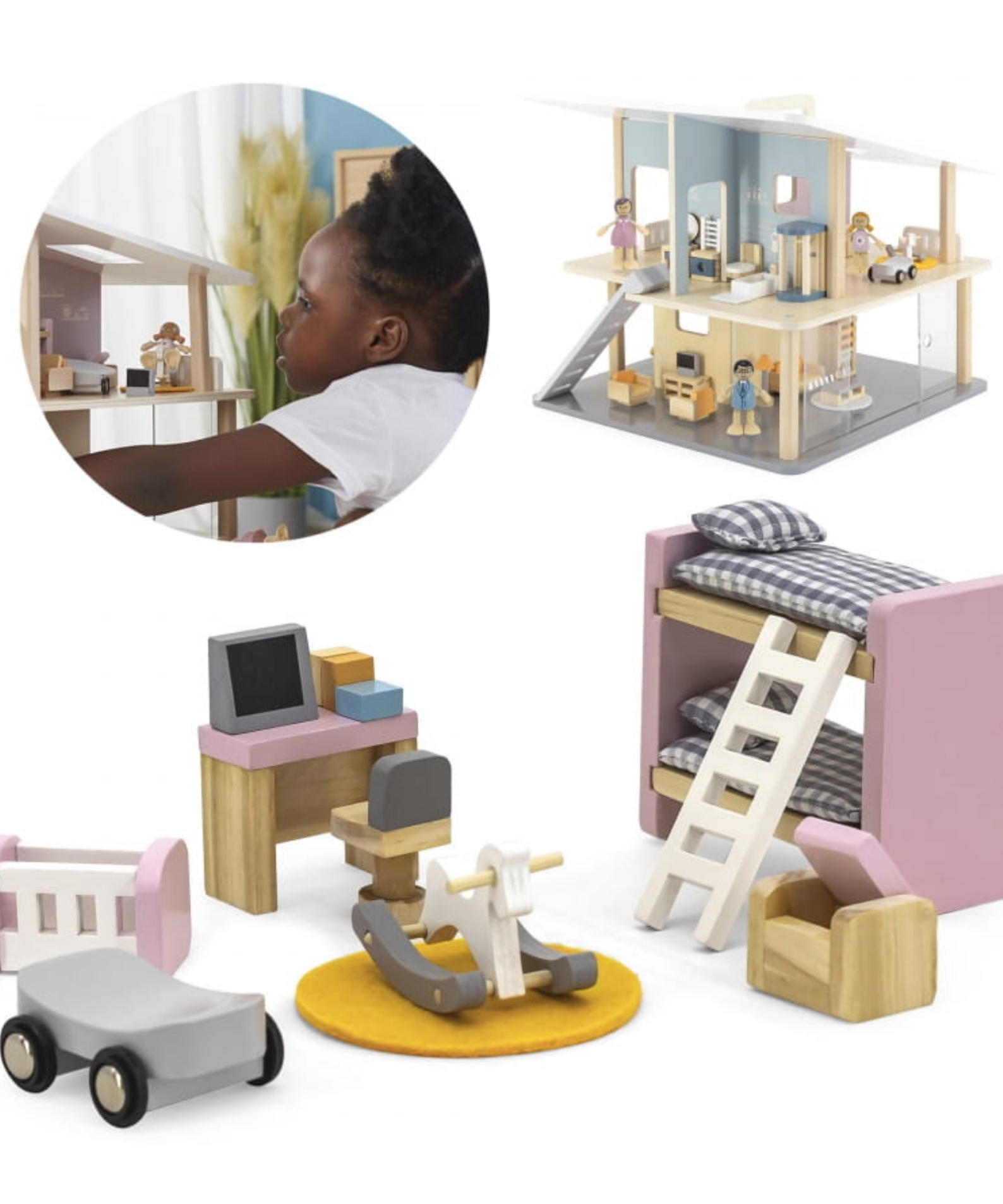 PolarB Wooden Kids' Bedroom Dollhouse Furniture Set for Ages 3 and Up  17-Piece Roleplay Toy to Boost Imagination and Social Skills
