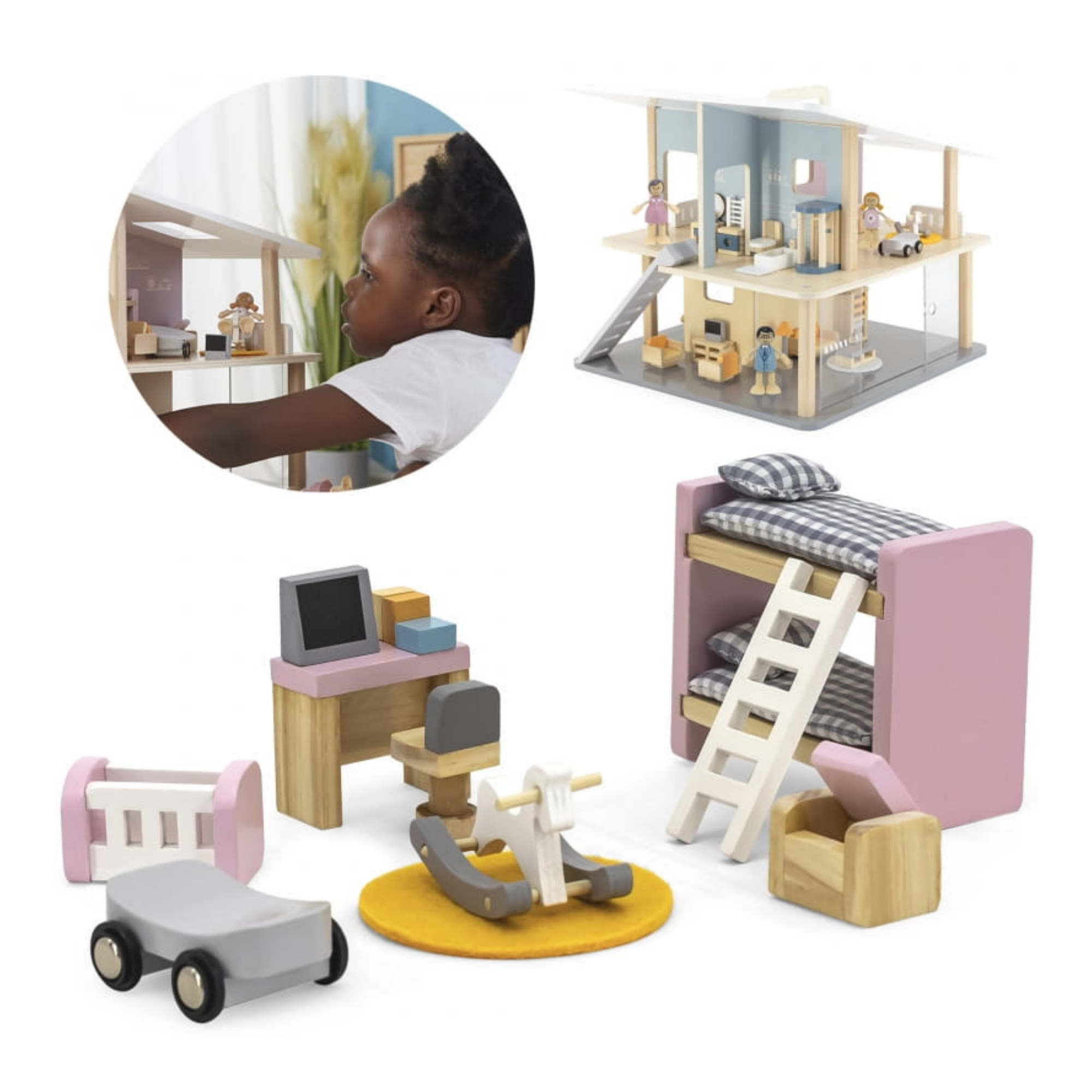 PolarB Wooden Kids' Bedroom Dollhouse Furniture Set for Ages 3 and Up  17-Piece Roleplay Toy to Boost Imagination and Social Skills
