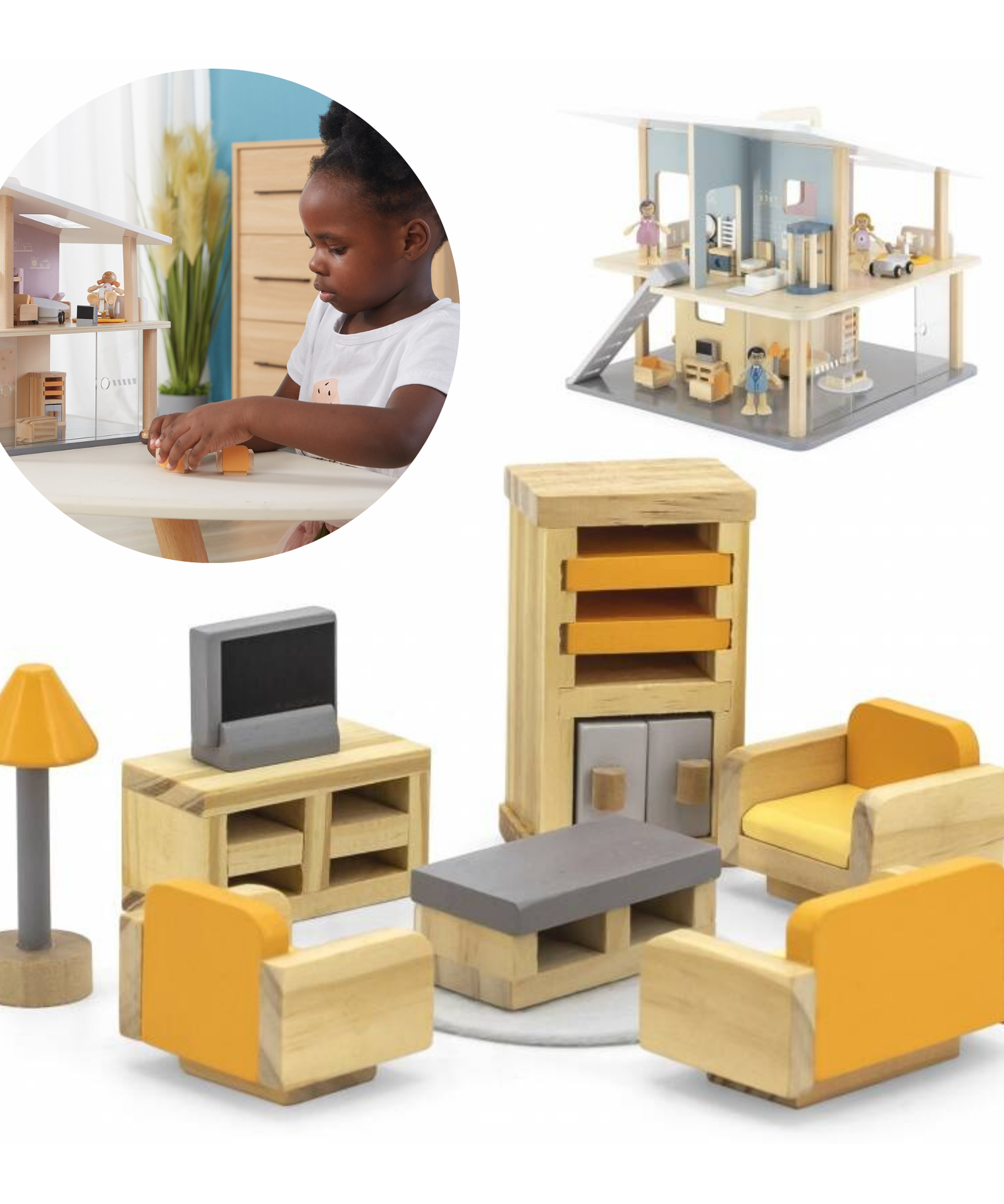 PolarB Wooden Sitting Room Dollhouse Furniture Set for Ages 3 and Up  15-Piece Roleplay Toy to Inspire Creativity and Social Skills