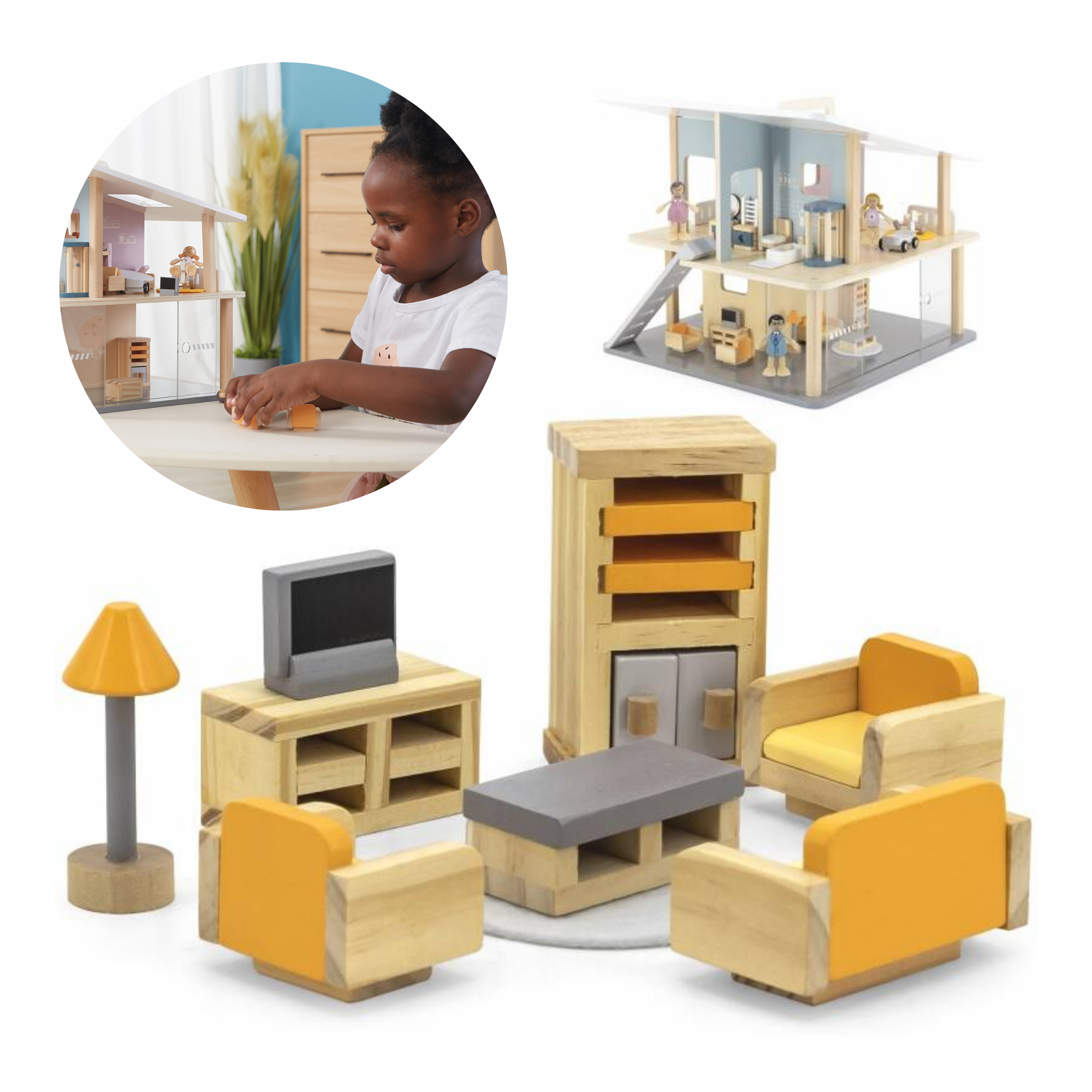 PolarB Wooden Sitting Room Dollhouse Furniture Set for Ages 3 and Up  15-Piece Roleplay Toy to Inspire Creativity and Social Skills