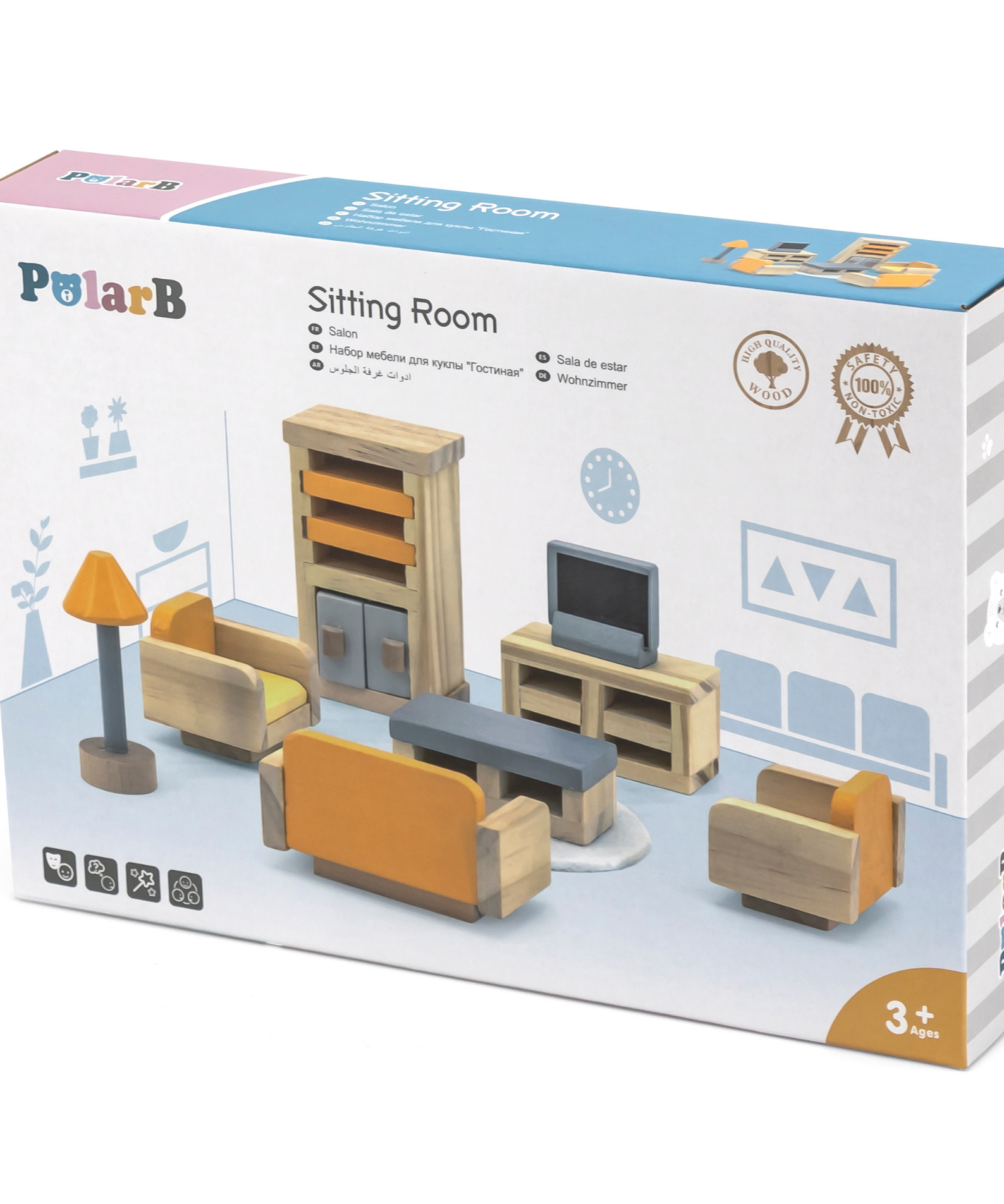 PolarB Wooden Sitting Room Dollhouse Furniture Set for Ages 3 and Up  15-Piece Roleplay Toy to Inspire Creativity and Social Skills