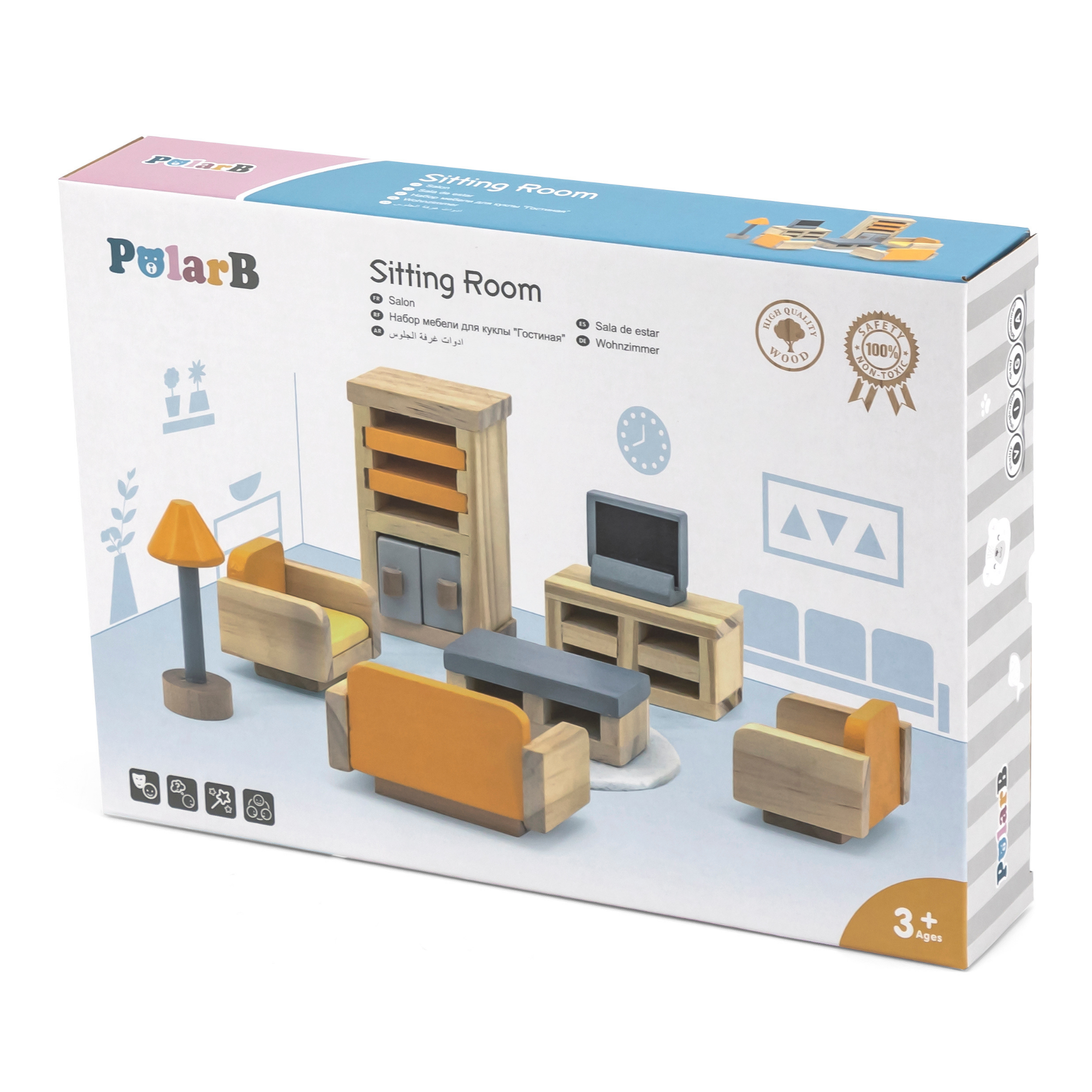 PolarB Wooden Sitting Room Dollhouse Furniture Set for Ages 3 and Up  15-Piece Roleplay Toy to Inspire Creativity and Social Skills