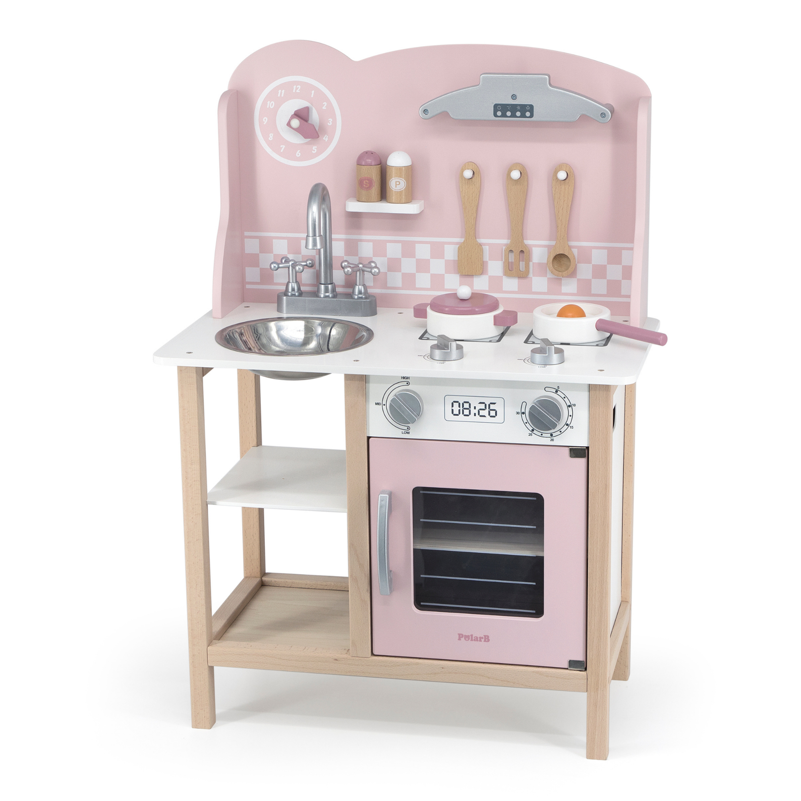 PolarB Wooden Pink Kitchen with Accessories for Ages 3 and Up  Roleplay Toy to Develop Creativity, Imagination, and Fine Motor Skills
