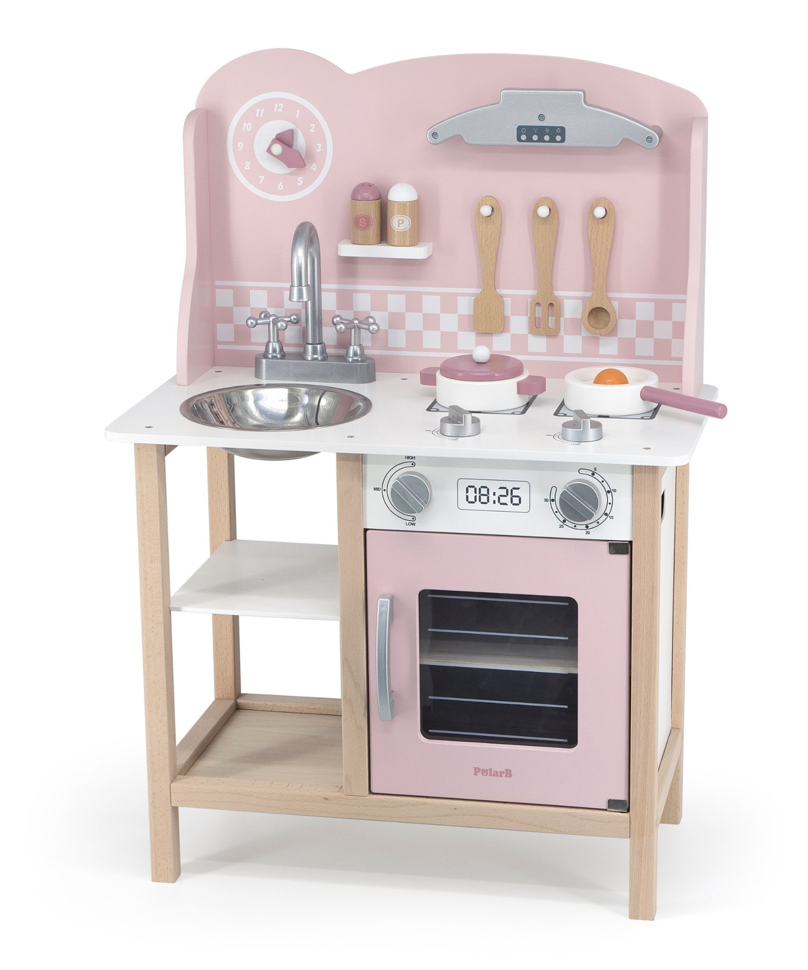 PolarB Wooden Pink Kitchen with Accessories for Ages 3 and Up  Roleplay Toy to Develop Creativity, Imagination, and Fine Motor Skills