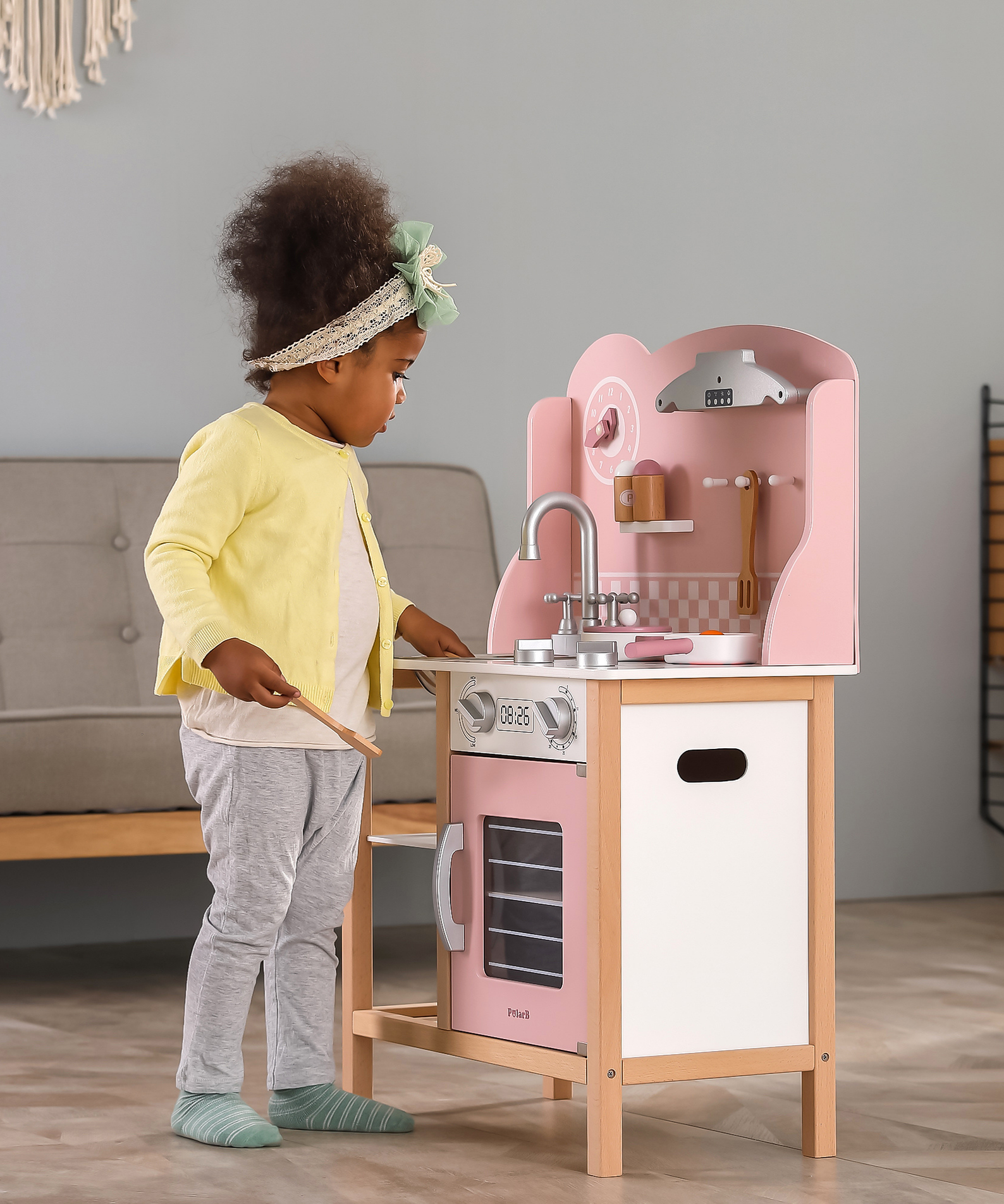 PolarB Wooden Pink Kitchen with Accessories for Ages 3 and Up  Roleplay Toy to Develop Creativity, Imagination, and Fine Motor Skills