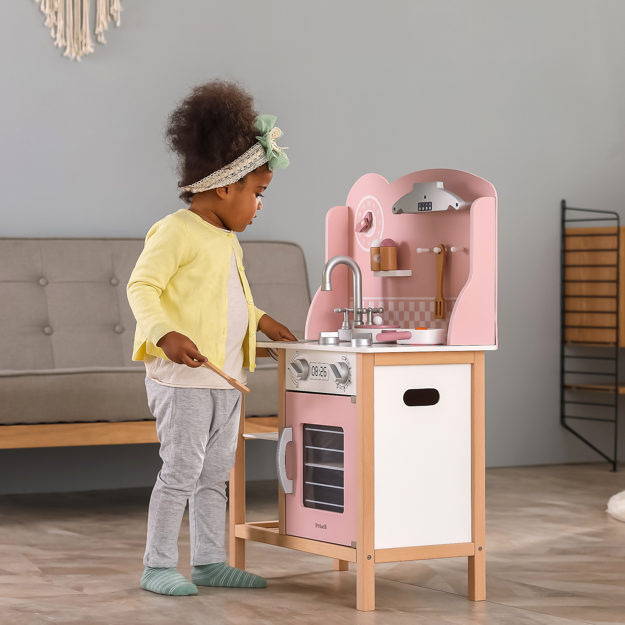 PolarB Wooden Pink Kitchen with Accessories for Ages 3 and Up  Roleplay Toy to Develop Creativity, Imagination, and Fine Motor Skills