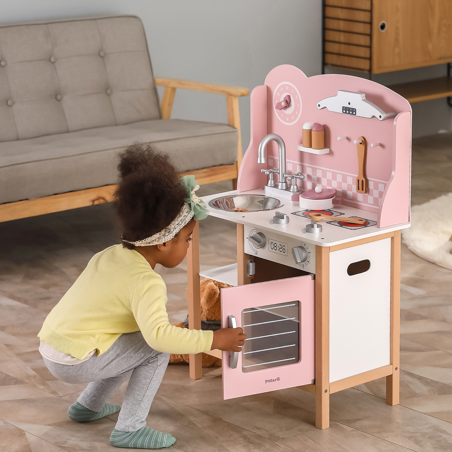 PolarB Wooden Pink Kitchen with Accessories for Ages 3 and Up  Roleplay Toy to Develop Creativity, Imagination, and Fine Motor Skills