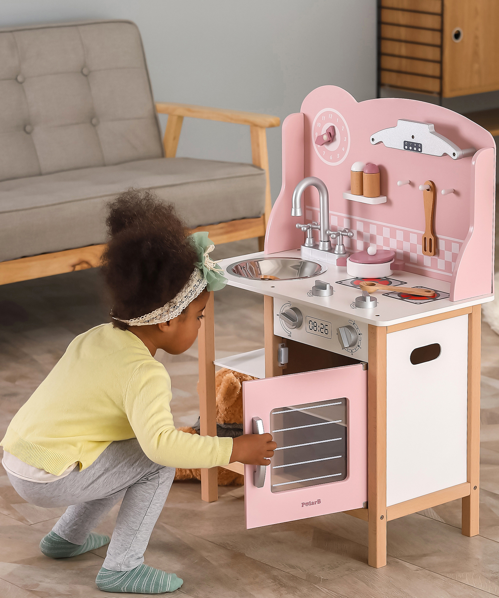PolarB Wooden Pink Kitchen with Accessories for Ages 3 and Up  Roleplay Toy to Develop Creativity, Imagination, and Fine Motor Skills