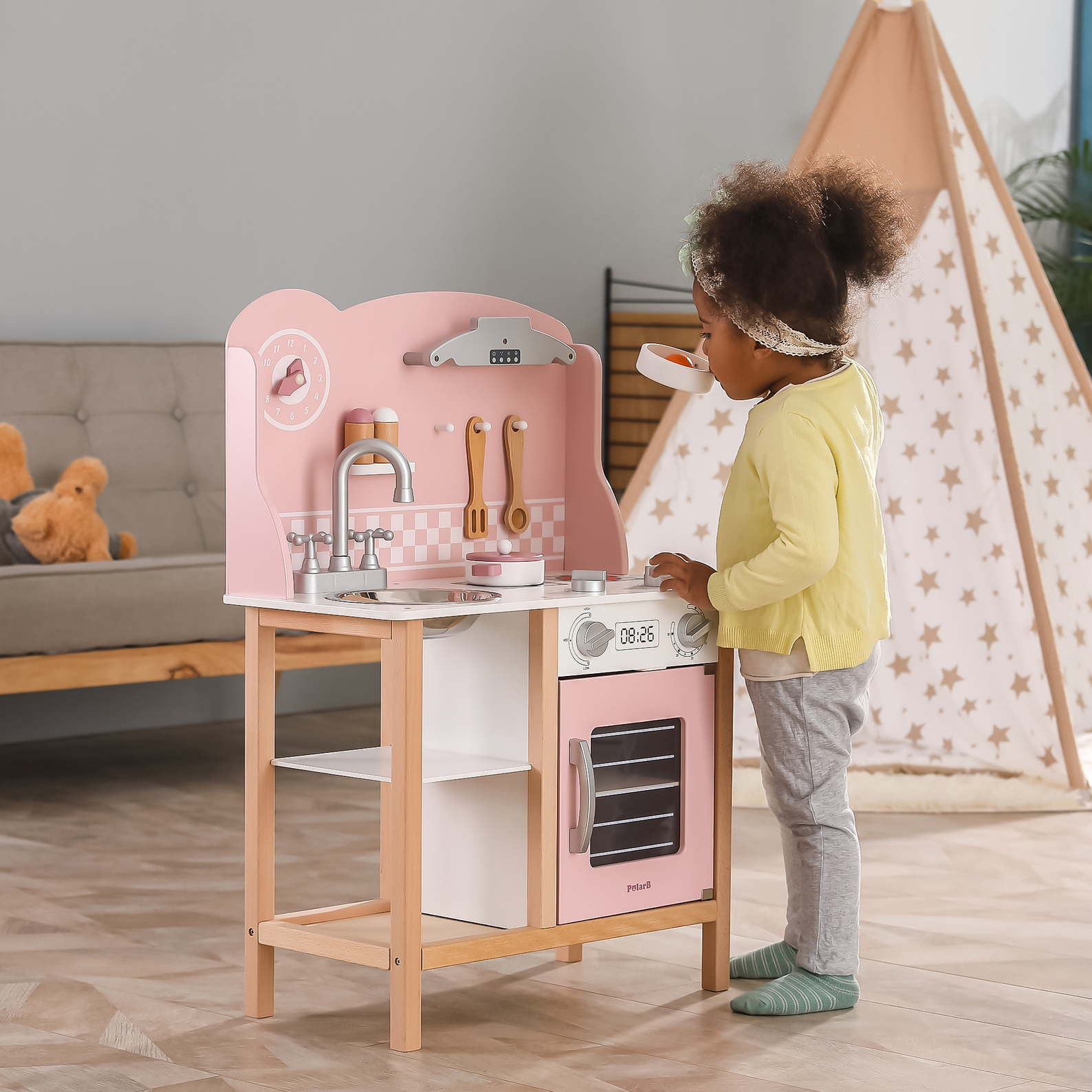 PolarB Wooden Pink Kitchen with Accessories for Ages 3 and Up  Roleplay Toy to Develop Creativity, Imagination, and Fine Motor Skills