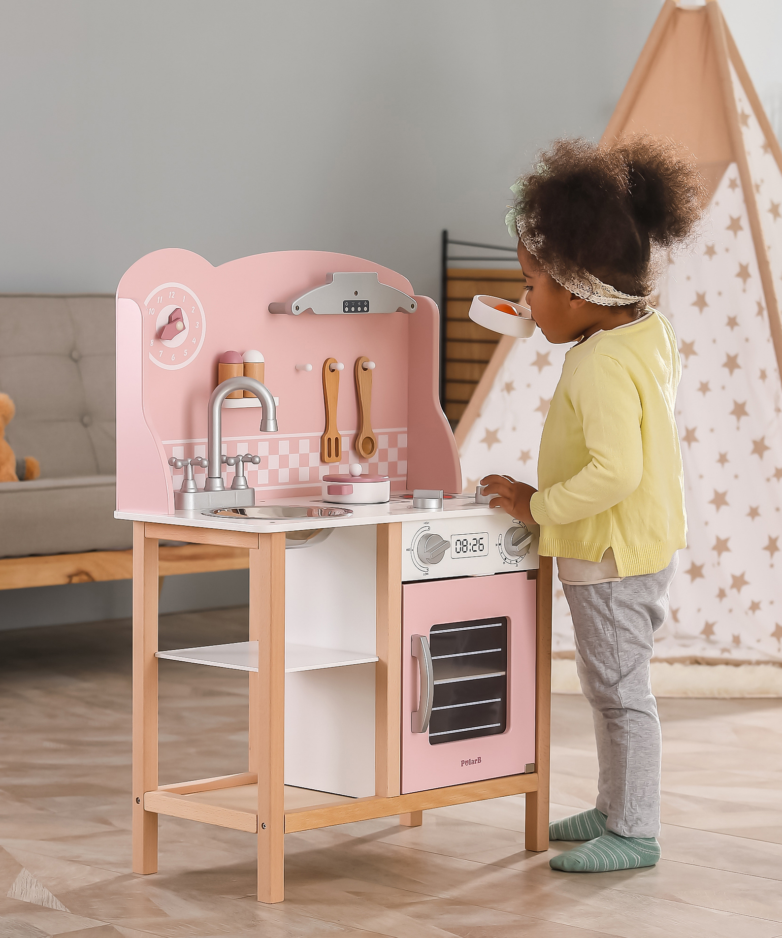PolarB Wooden Pink Kitchen with Accessories for Ages 3 and Up  Roleplay Toy to Develop Creativity, Imagination, and Fine Motor Skills