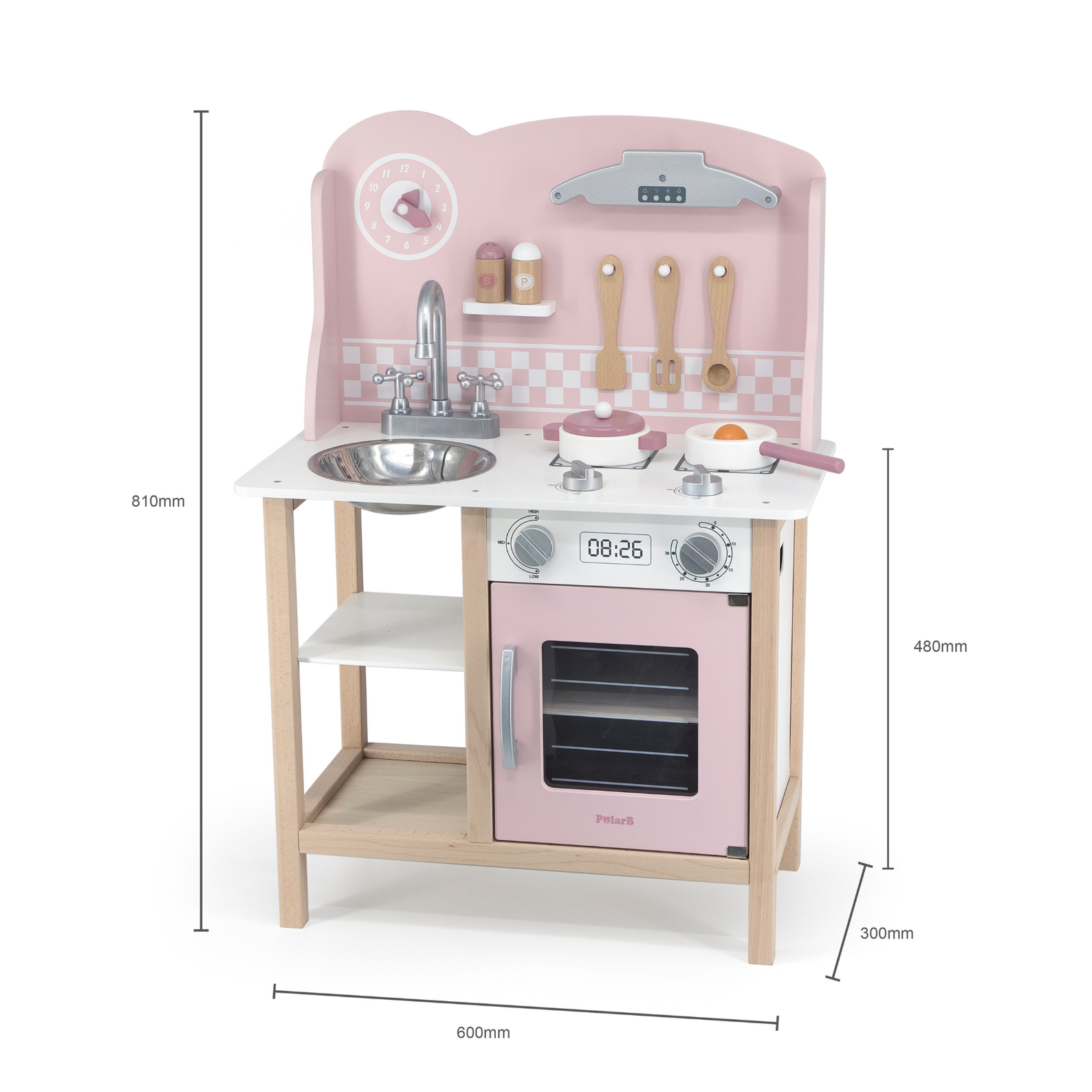 PolarB Wooden Pink Kitchen with Accessories for Ages 3 and Up  Roleplay Toy to Develop Creativity, Imagination, and Fine Motor Skills