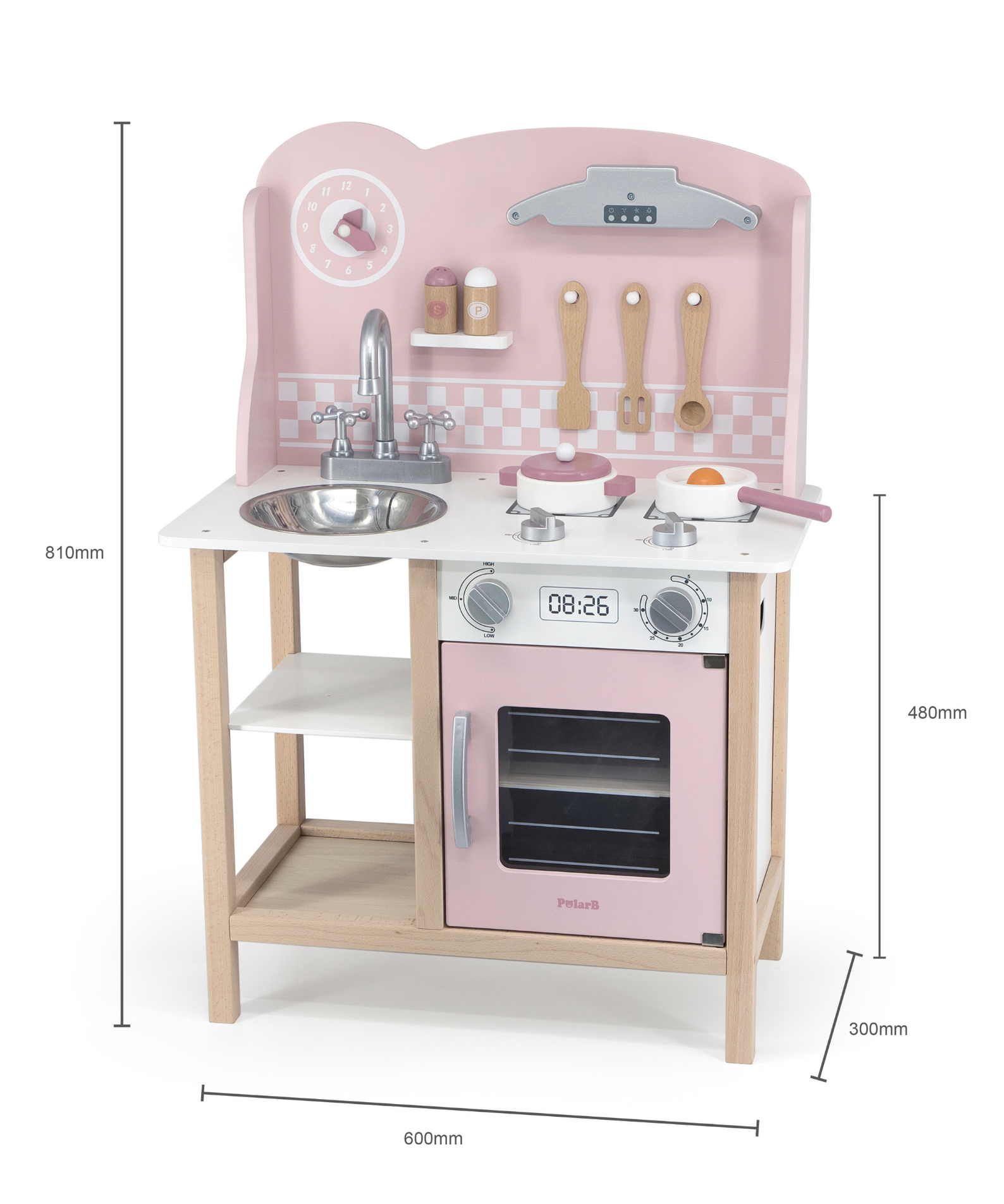 PolarB Wooden Pink Kitchen with Accessories for Ages 3 and Up  Roleplay Toy to Develop Creativity, Imagination, and Fine Motor Skills