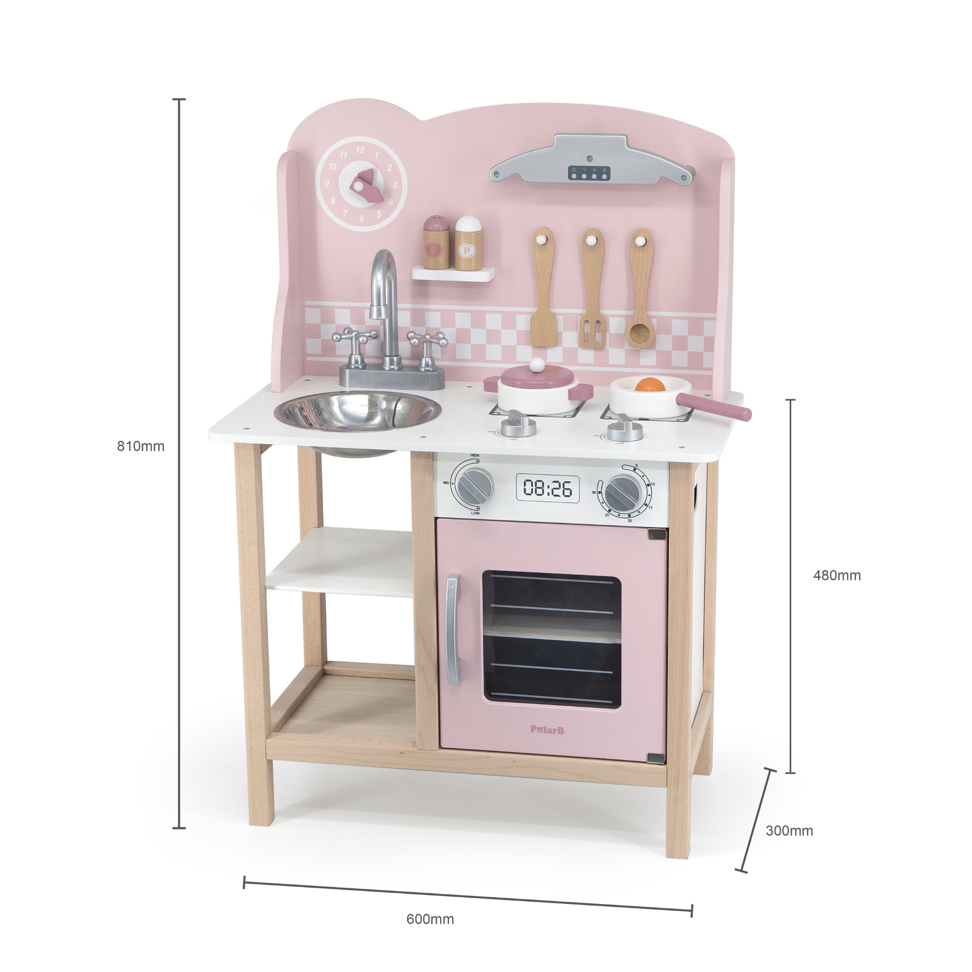 PolarB Wooden Pink Kitchen with Accessories for Ages 3 and Up  Roleplay Toy to Develop Creativity, Imagination, and Fine Motor Skills