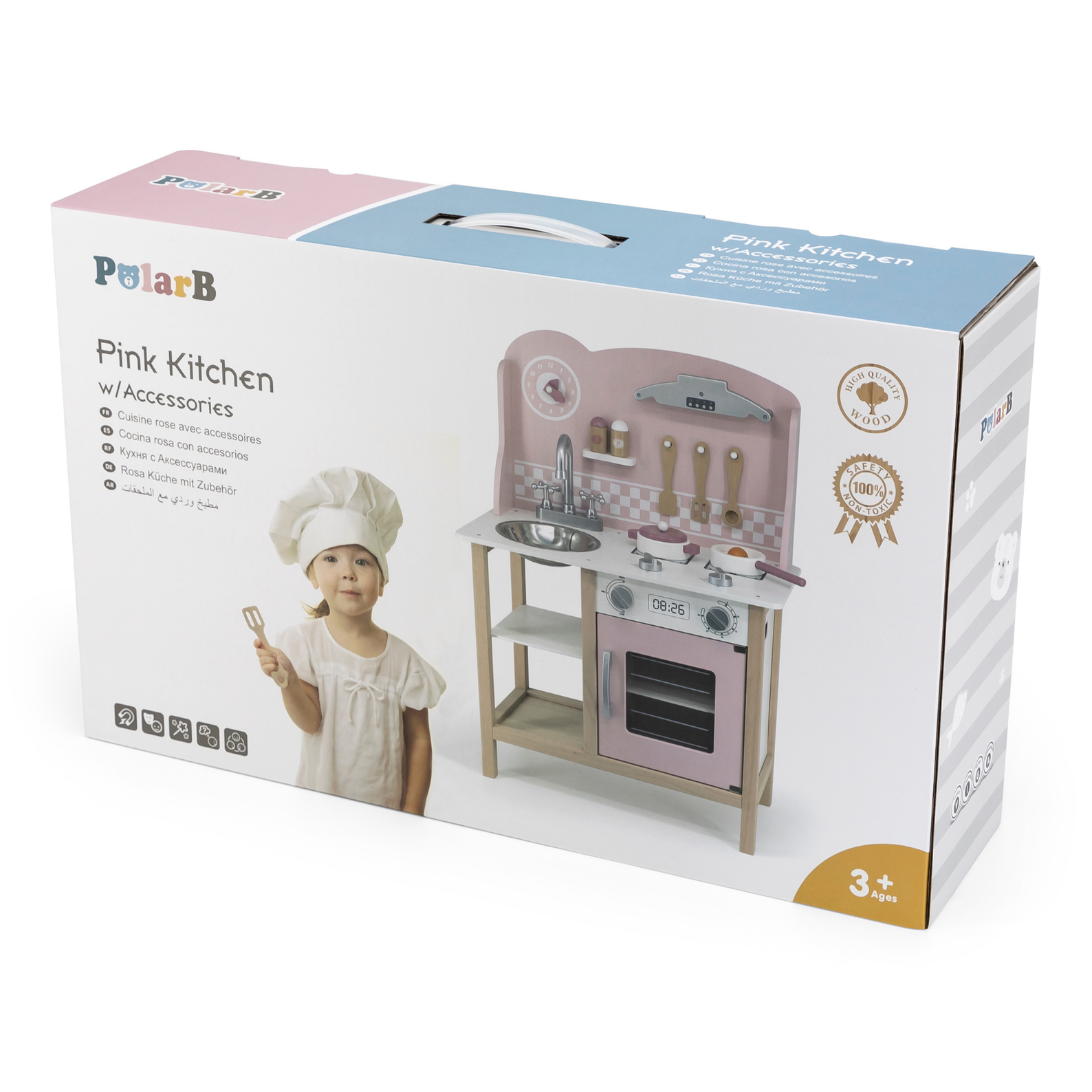 PolarB Wooden Pink Kitchen with Accessories for Ages 3 and Up  Roleplay Toy to Develop Creativity, Imagination, and Fine Motor Skills