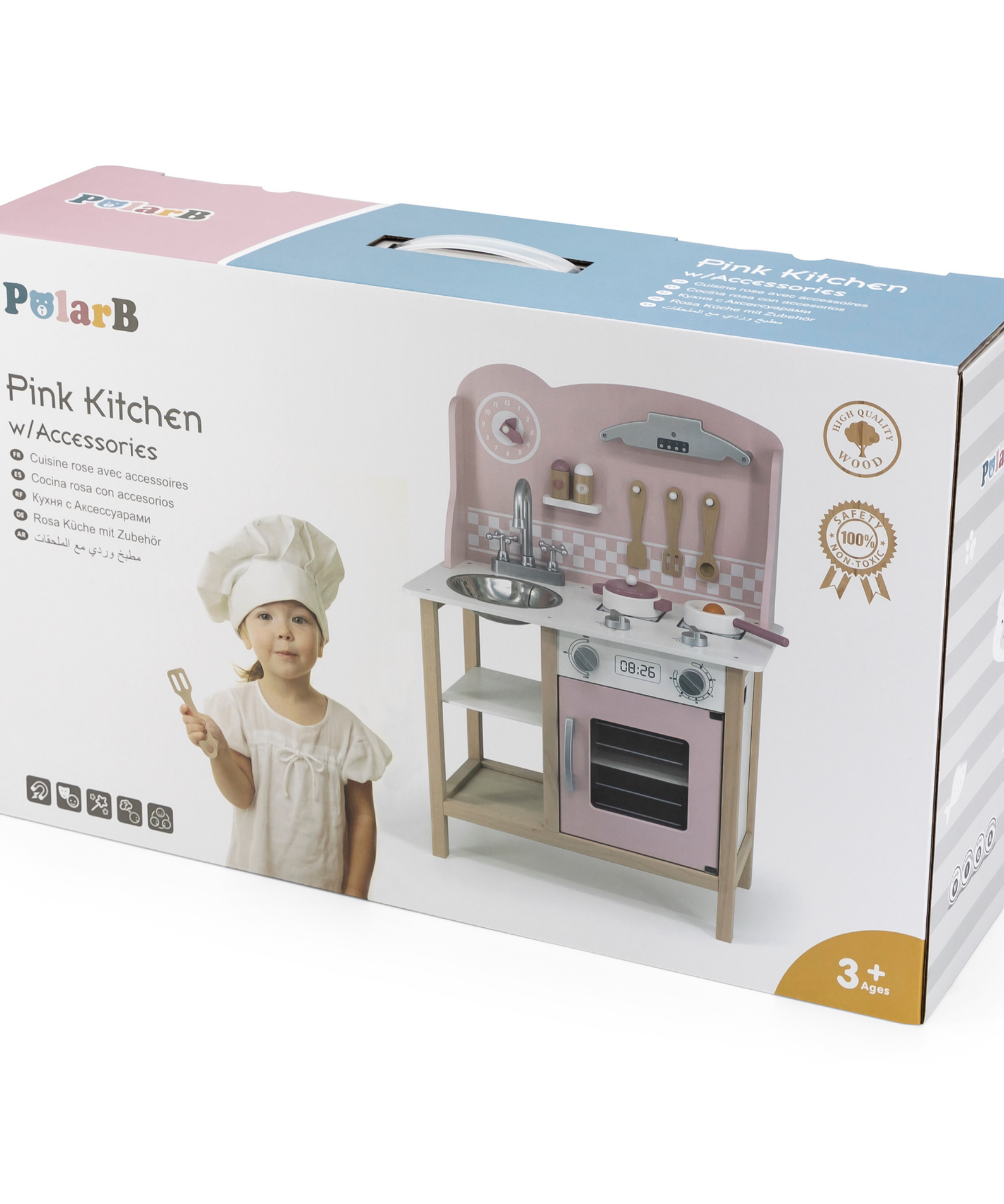 PolarB Wooden Pink Kitchen with Accessories for Ages 3 and Up  Roleplay Toy to Develop Creativity, Imagination, and Fine Motor Skills