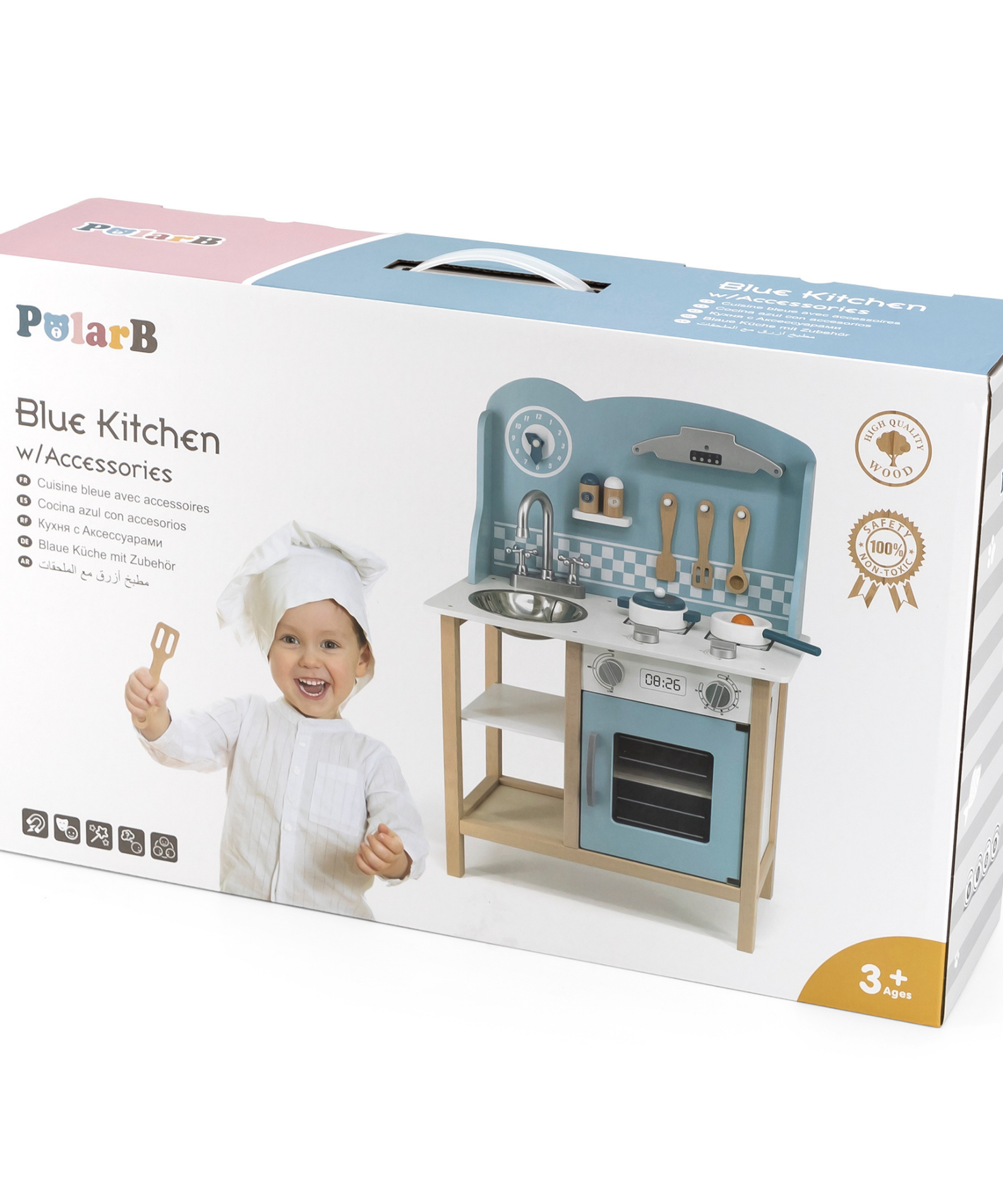 PolarB Wooden Blue Kitchen with Accessories for Ages 3 and Up  Roleplay Toy to Develop Creativity, Imagination, and Social Skills