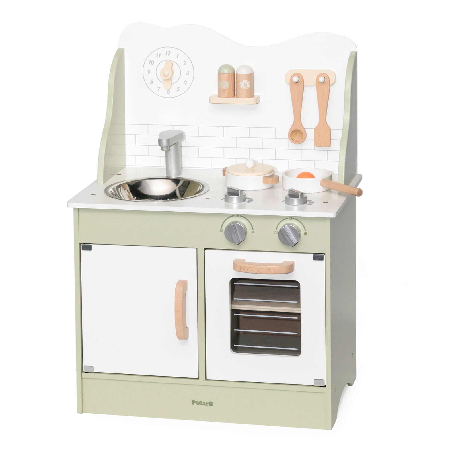 PolarB Wooden Green Kitchen Play Set with Accessories for Kids Ages 3 and Up  Roleplay Toy with Sink, Oven, and Cooking Tools