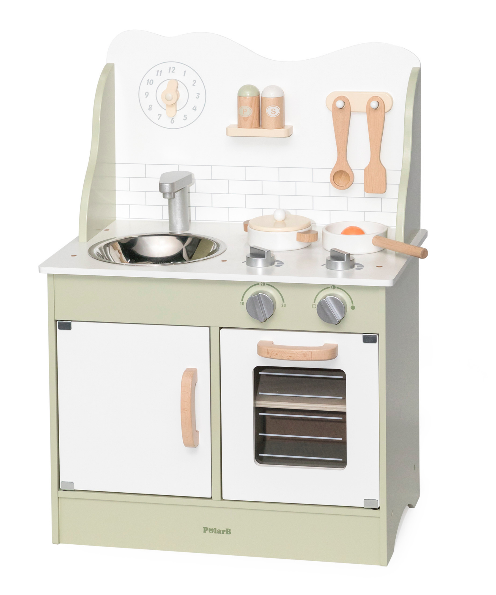 PolarB Wooden Green Kitchen Play Set with Accessories for Kids Ages 3 and Up  Roleplay Toy with Sink, Oven, and Cooking Tools