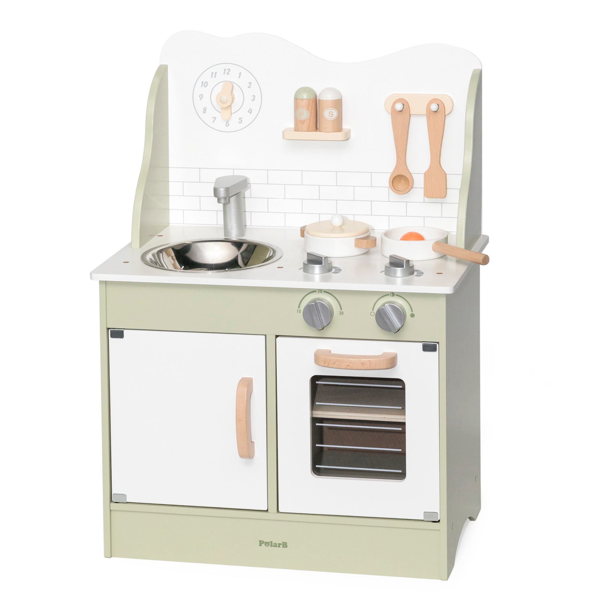 PolarB Wooden Green Kitchen Play Set with Accessories for Kids Ages 3 and Up  Roleplay Toy with Sink, Oven, and Cooking Tools