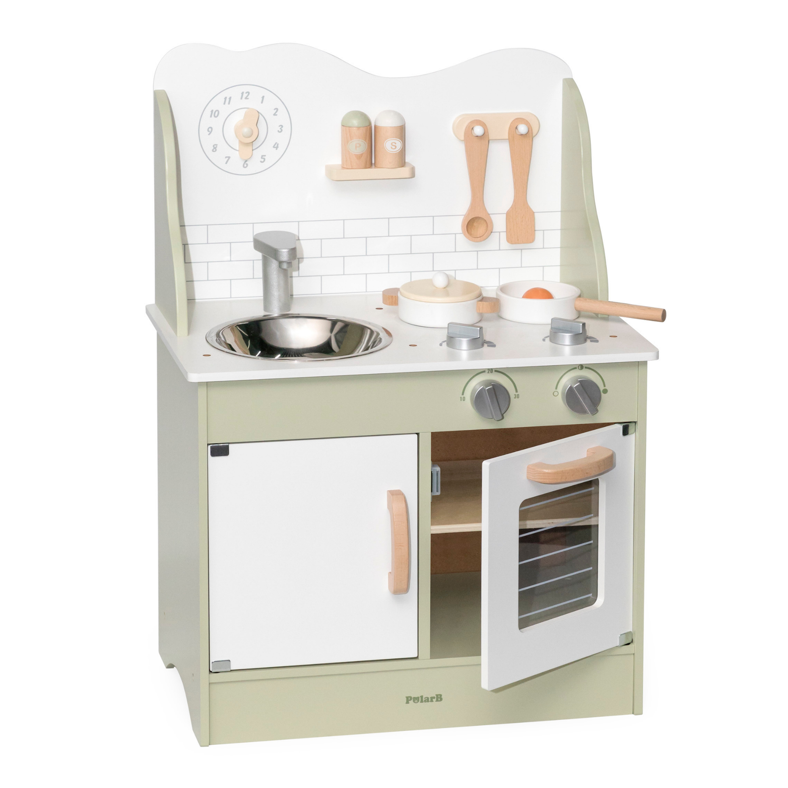 PolarB Wooden Green Kitchen Play Set with Accessories for Kids Ages 3 and Up  Roleplay Toy with Sink, Oven, and Cooking Tools