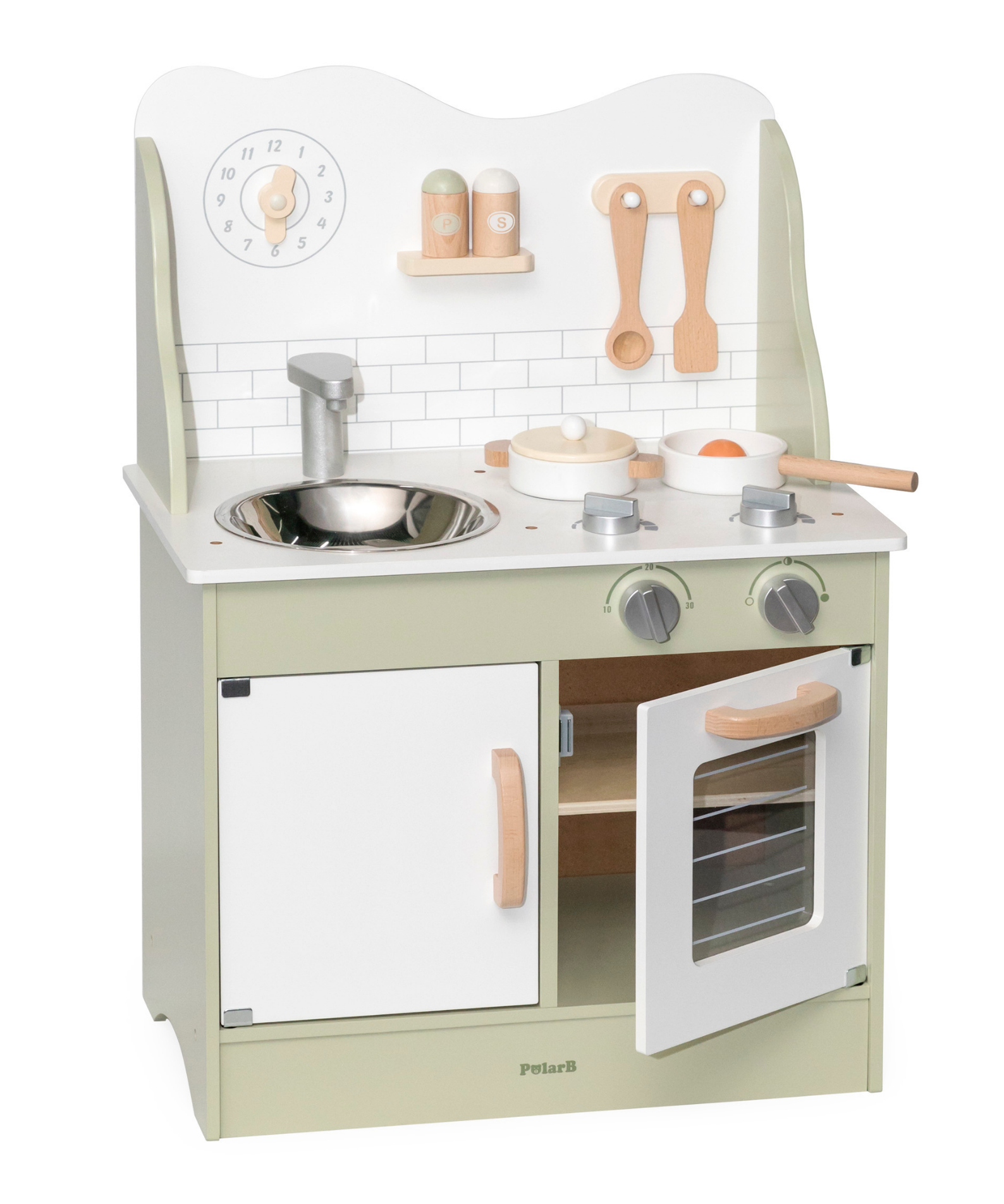 PolarB Wooden Green Kitchen Play Set with Accessories for Kids Ages 3 and Up  Roleplay Toy with Sink, Oven, and Cooking Tools