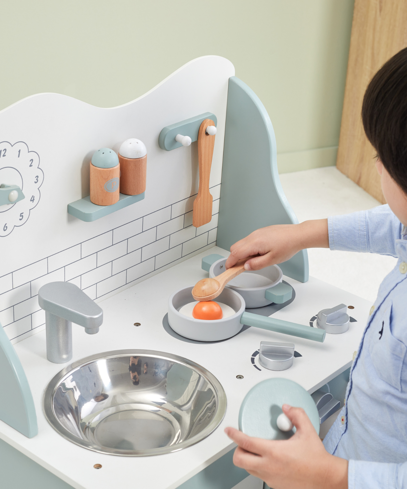 PolarB Wooden Green Kitchen Play Set with Accessories for Kids Ages 3 and Up  Roleplay Toy with Sink, Oven, and Cooking Tools