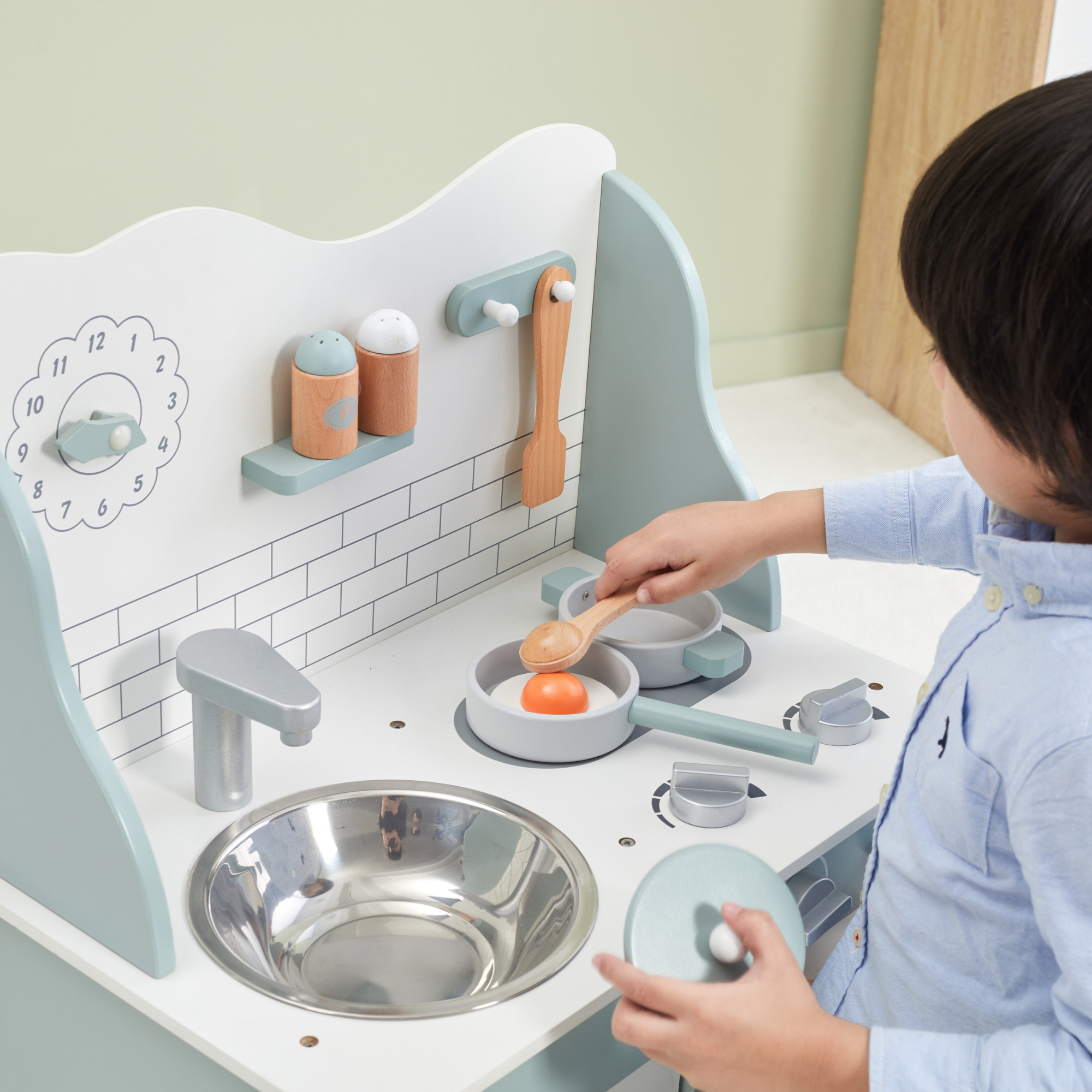 PolarB Wooden Green Kitchen Play Set with Accessories for Kids Ages 3 and Up  Roleplay Toy with Sink, Oven, and Cooking Tools