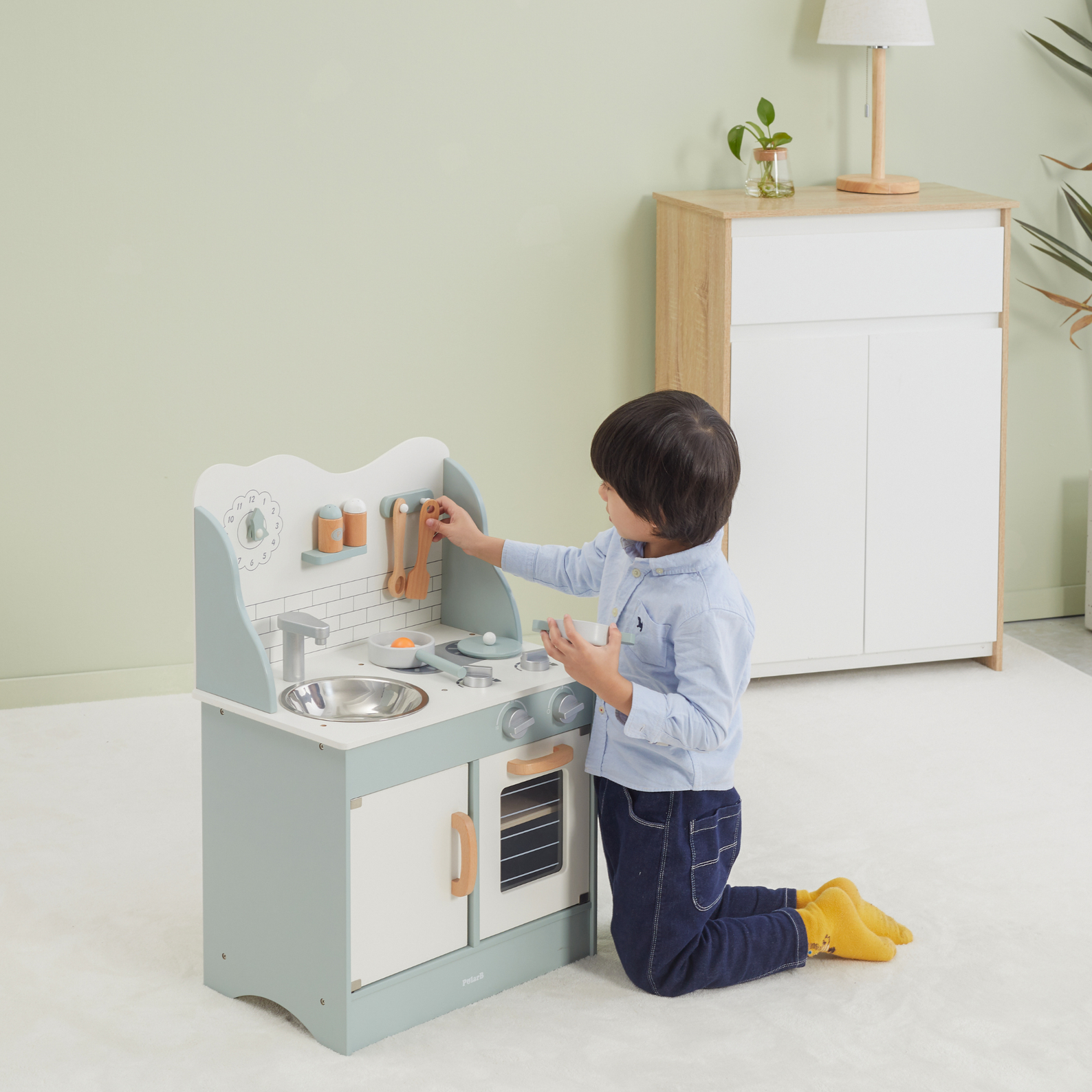 PolarB Wooden Green Kitchen Play Set with Accessories for Kids Ages 3 and Up  Roleplay Toy with Sink, Oven, and Cooking Tools