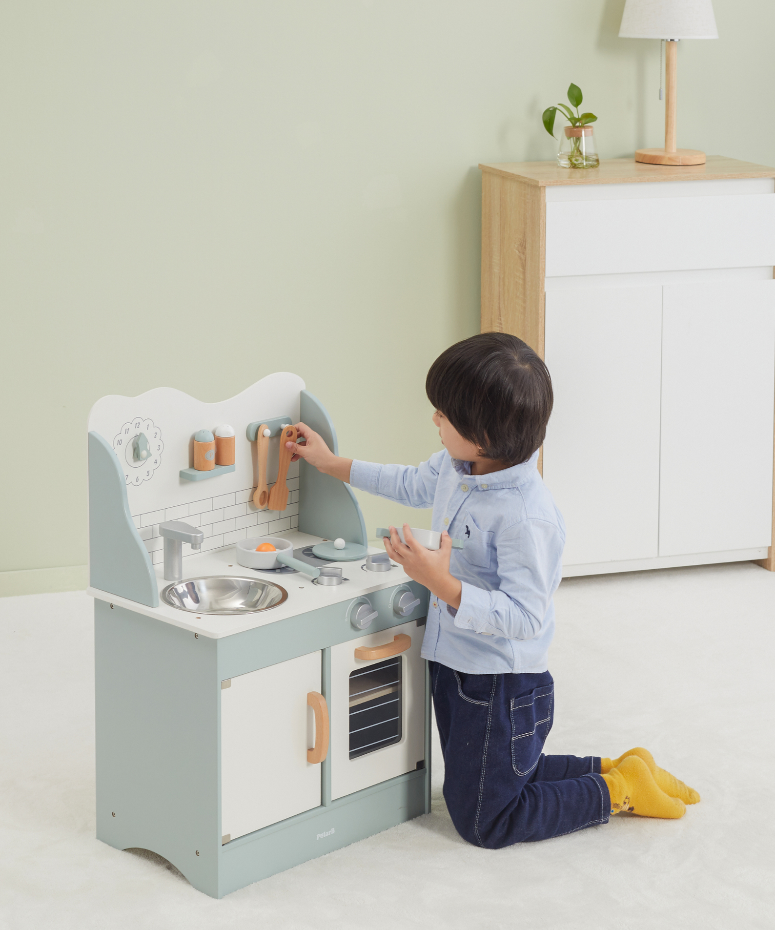 PolarB Wooden Green Kitchen Play Set with Accessories for Kids Ages 3 and Up  Roleplay Toy with Sink, Oven, and Cooking Tools