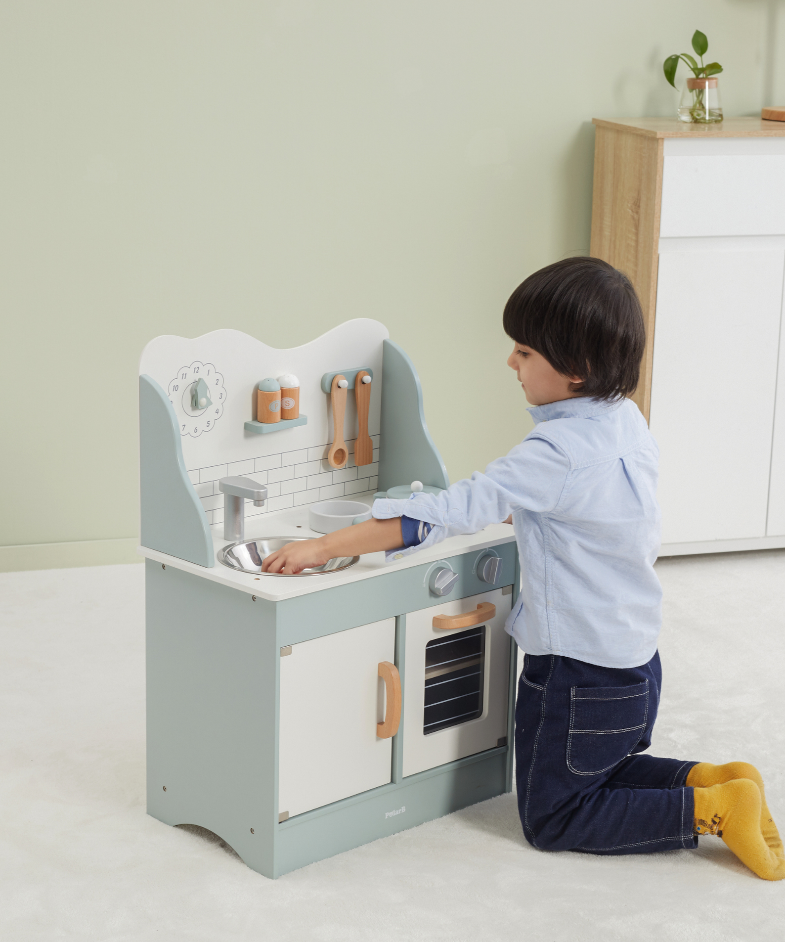 PolarB Wooden Green Kitchen Play Set with Accessories for Kids Ages 3 and Up  Roleplay Toy with Sink, Oven, and Cooking Tools