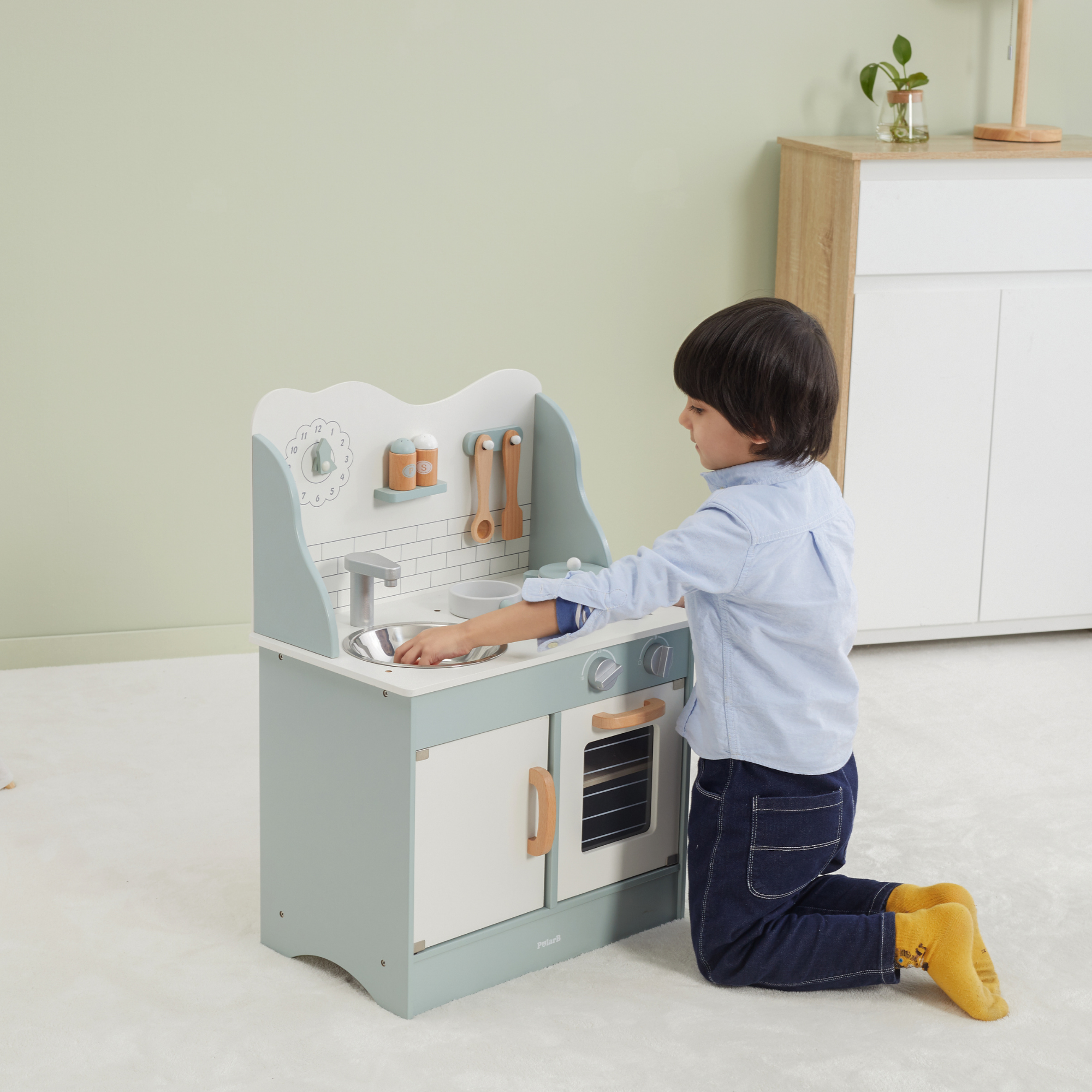 PolarB Wooden Green Kitchen Play Set with Accessories for Kids Ages 3 and Up  Roleplay Toy with Sink, Oven, and Cooking Tools