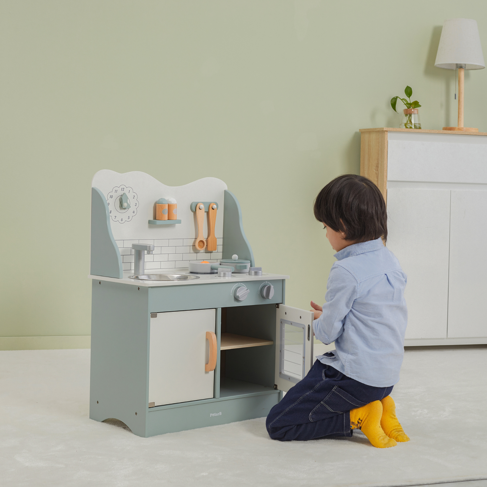 PolarB Wooden Green Kitchen Play Set with Accessories for Kids Ages 3 and Up  Roleplay Toy with Sink, Oven, and Cooking Tools