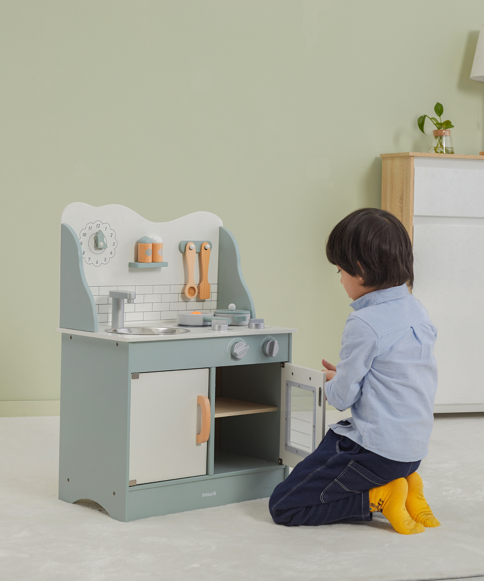 PolarB Wooden Green Kitchen Play Set with Accessories for Kids Ages 3 and Up  Roleplay Toy with Sink, Oven, and Cooking Tools