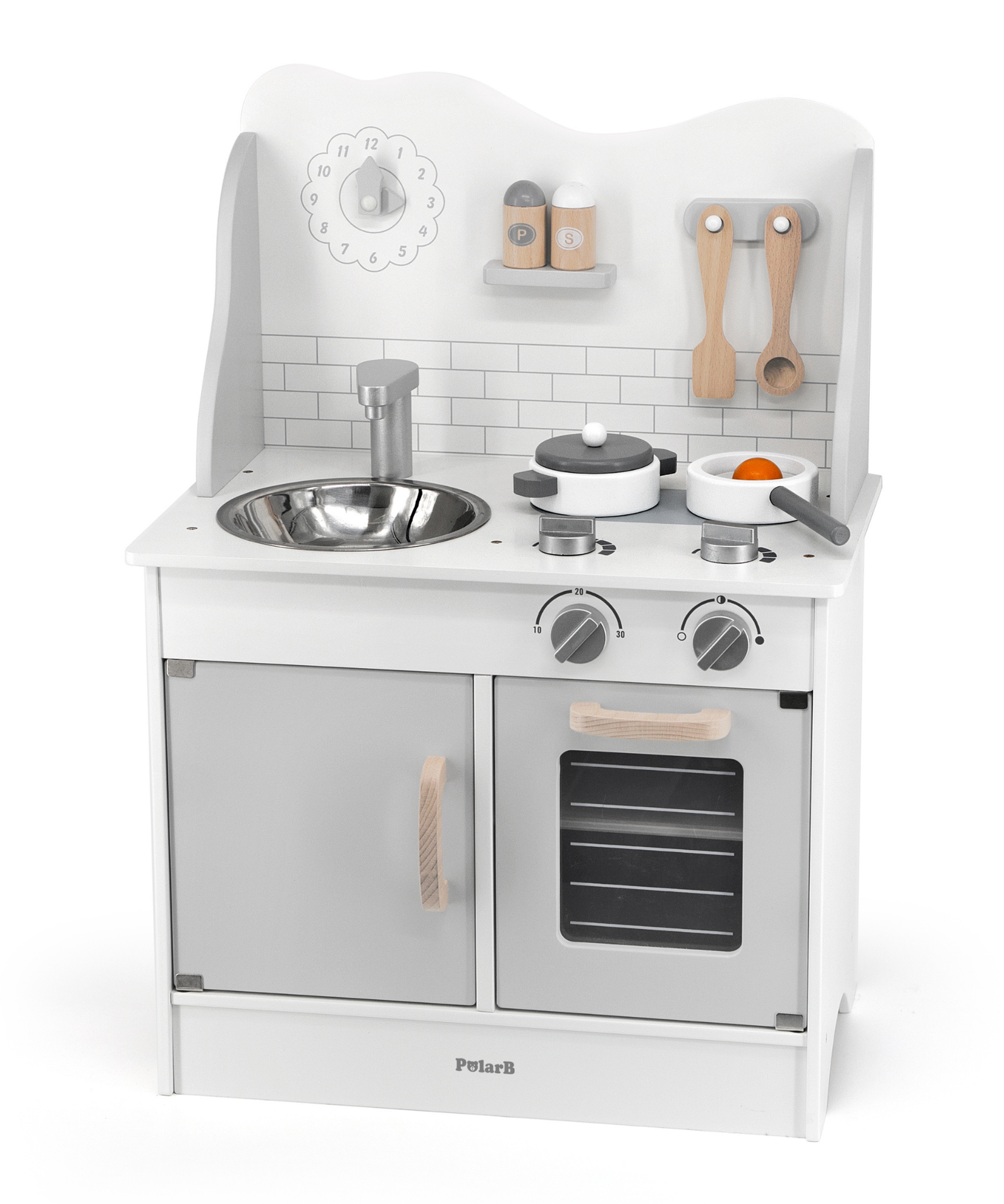 PolarB Wooden Grey Kitchen Play Set with Accessories for Kids Ages 3 and Up  Roleplay Toy with Sink, Oven, Stove, and Cooking Tools