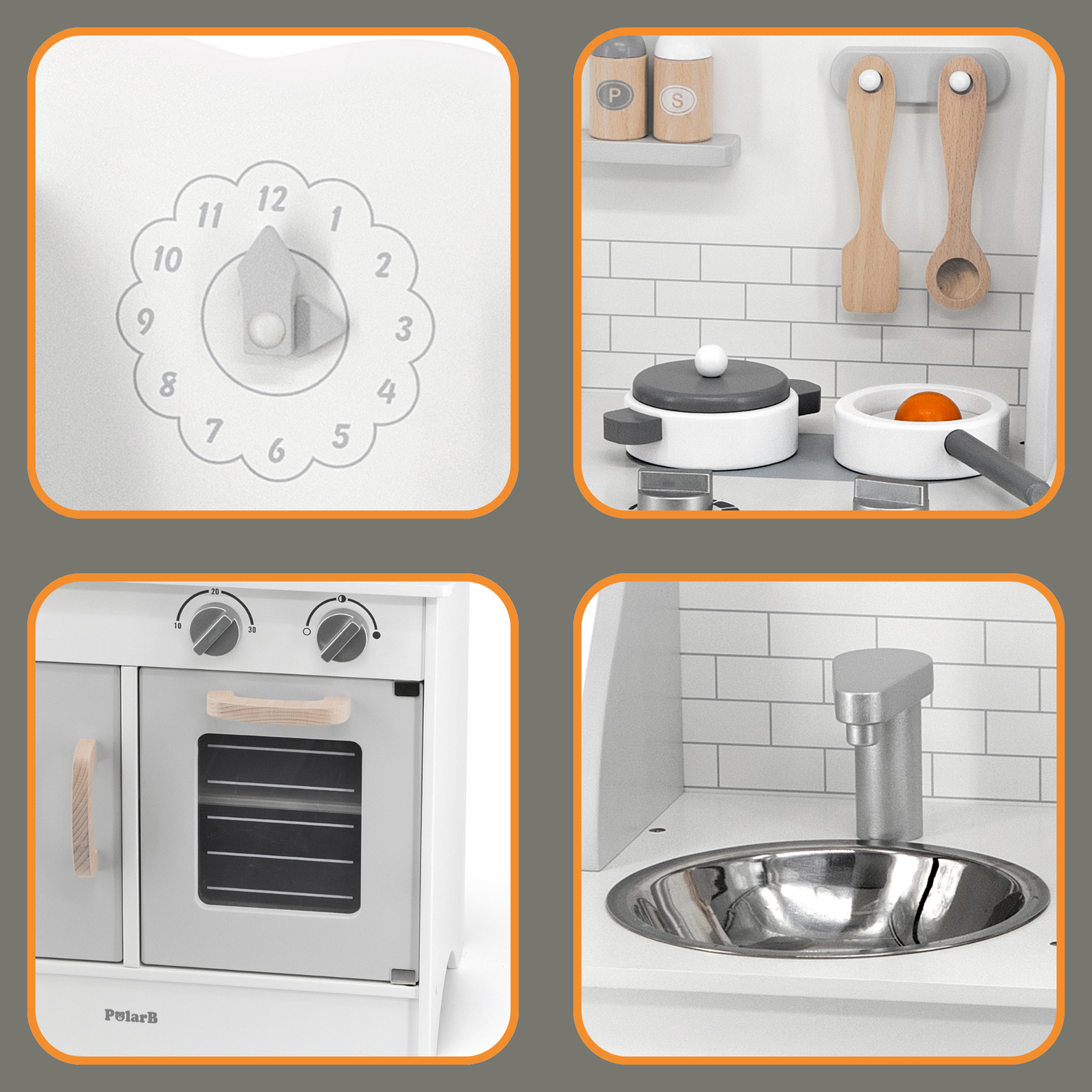 PolarB Wooden Grey Kitchen Play Set with Accessories for Kids Ages 3 and Up  Roleplay Toy with Sink, Oven, Stove, and Cooking Tools