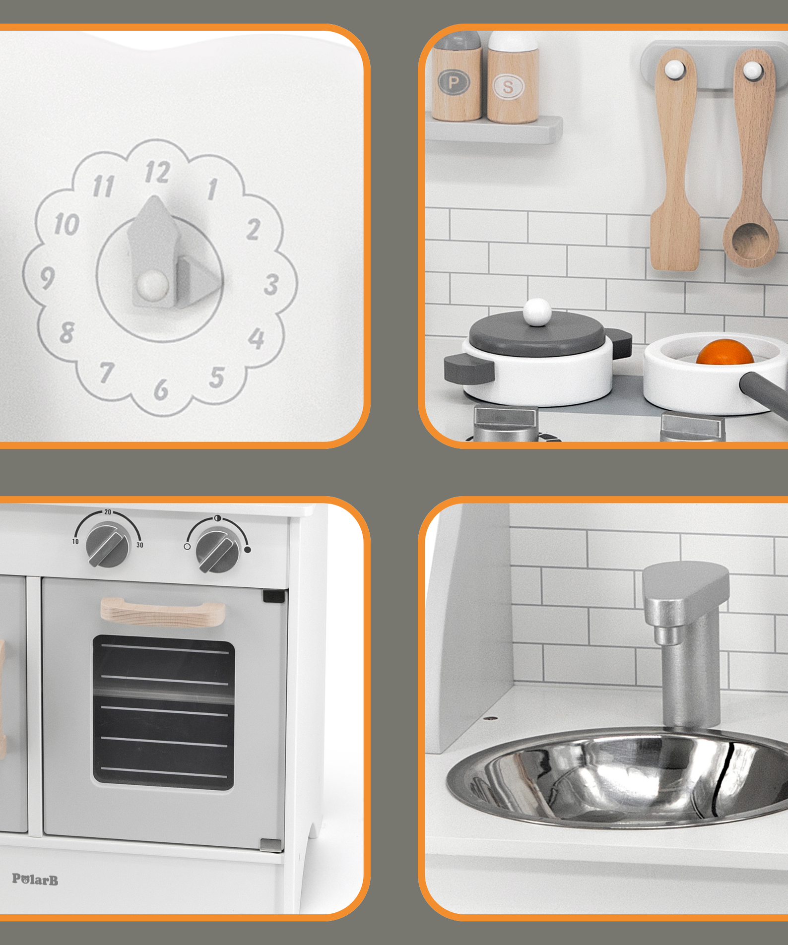 PolarB Wooden Grey Kitchen Play Set with Accessories for Kids Ages 3 and Up  Roleplay Toy with Sink, Oven, Stove, and Cooking Tools