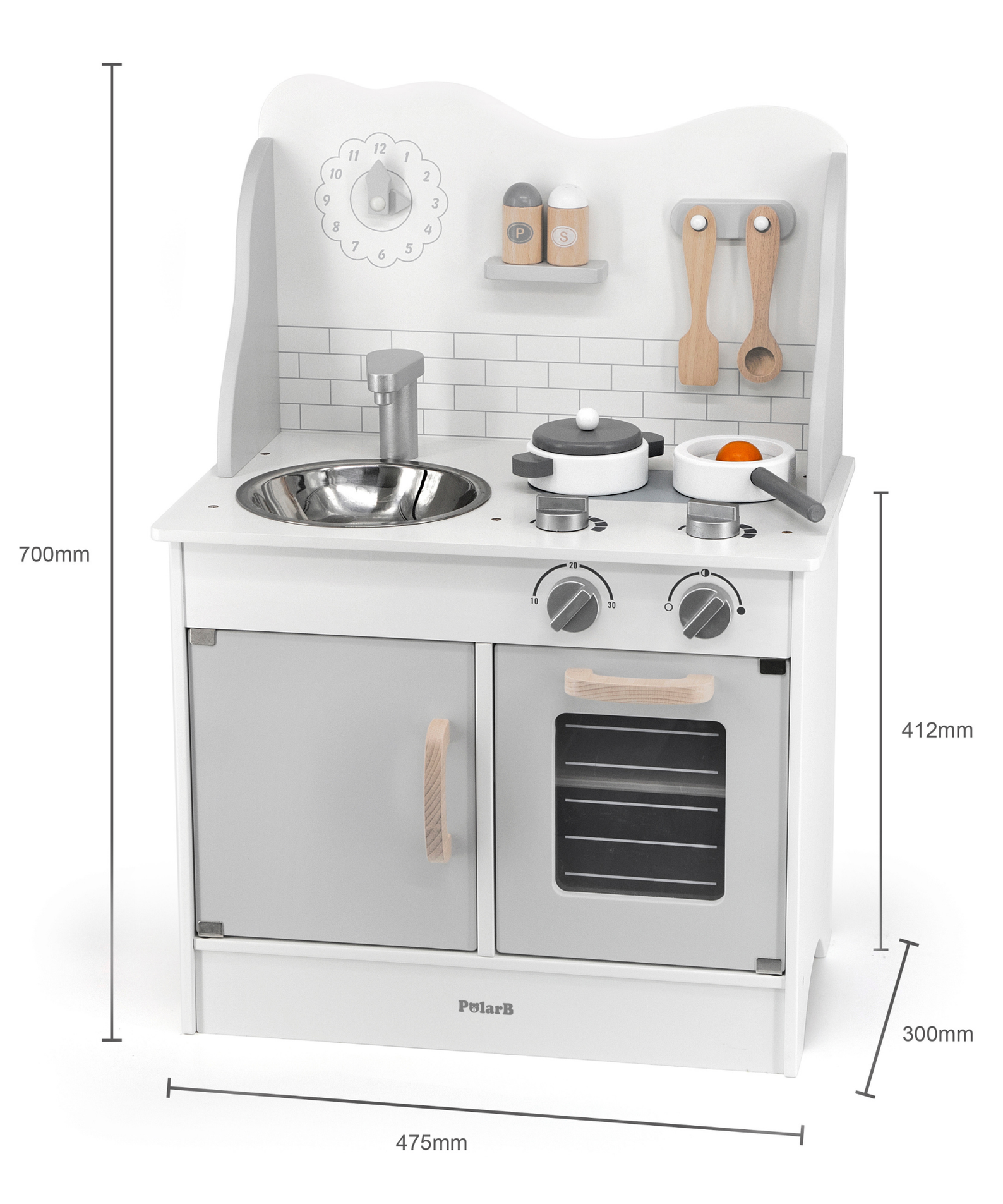 PolarB Wooden Grey Kitchen Play Set with Accessories for Kids Ages 3 and Up  Roleplay Toy with Sink, Oven, Stove, and Cooking Tools