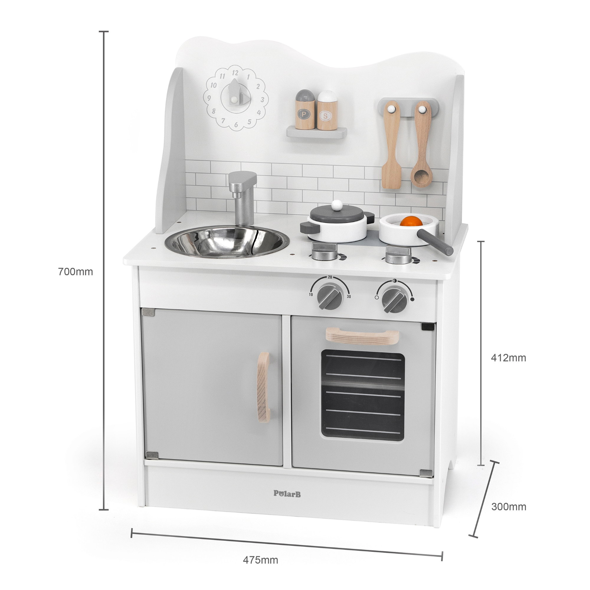 PolarB Wooden Grey Kitchen Play Set with Accessories for Kids Ages 3 and Up  Roleplay Toy with Sink, Oven, Stove, and Cooking Tools