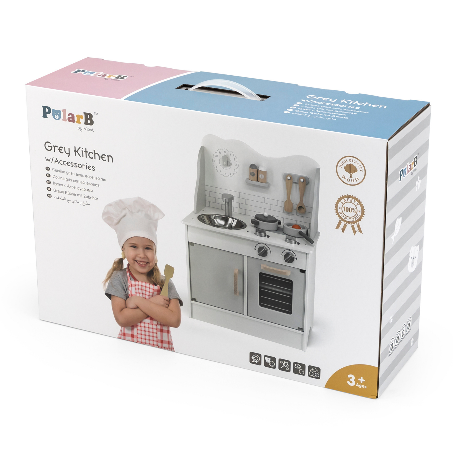 PolarB Wooden Grey Kitchen Play Set with Accessories for Kids Ages 3 and Up  Roleplay Toy with Sink, Oven, Stove, and Cooking Tools