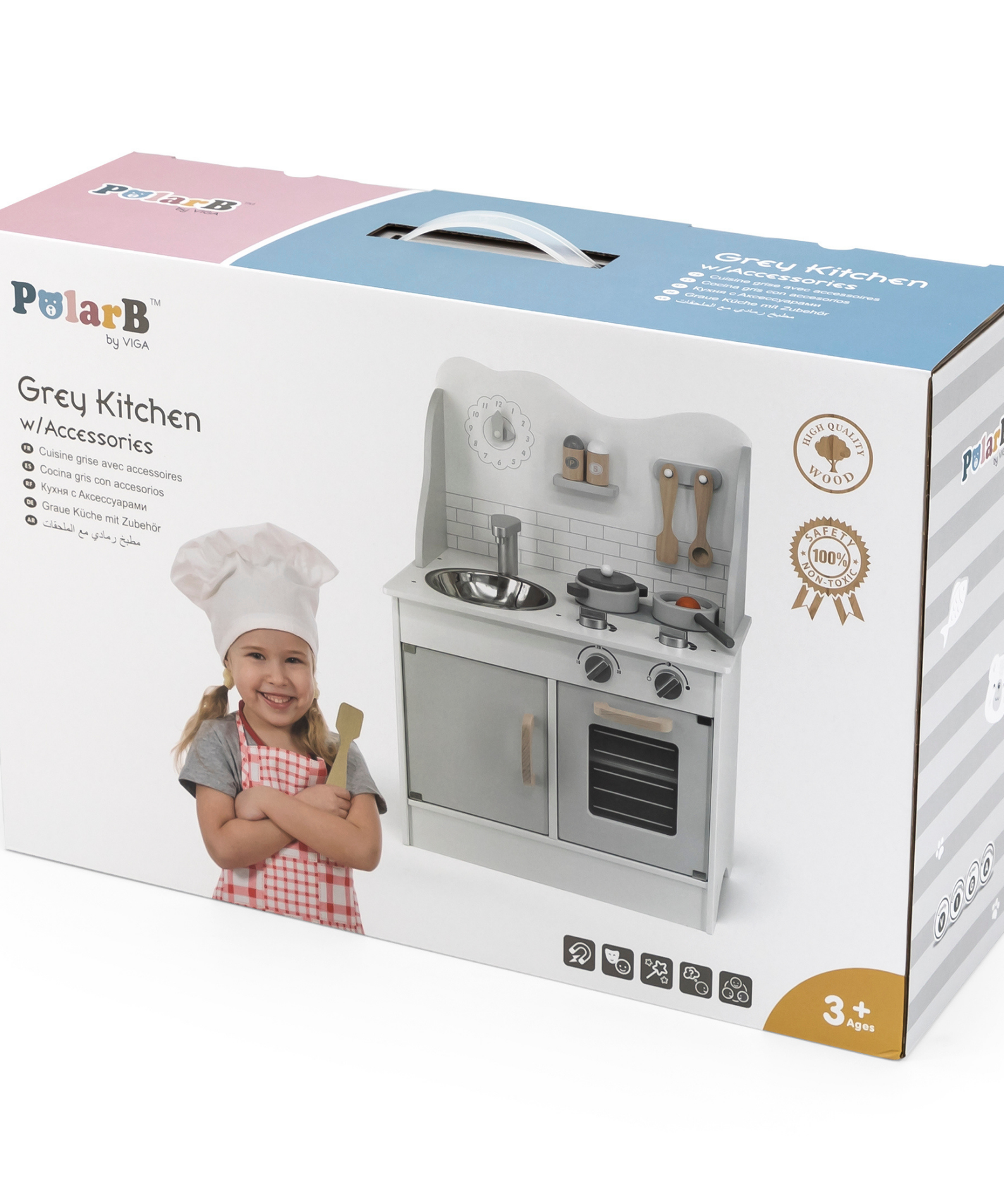 PolarB Wooden Grey Kitchen Play Set with Accessories for Kids Ages 3 and Up  Roleplay Toy with Sink, Oven, Stove, and Cooking Tools